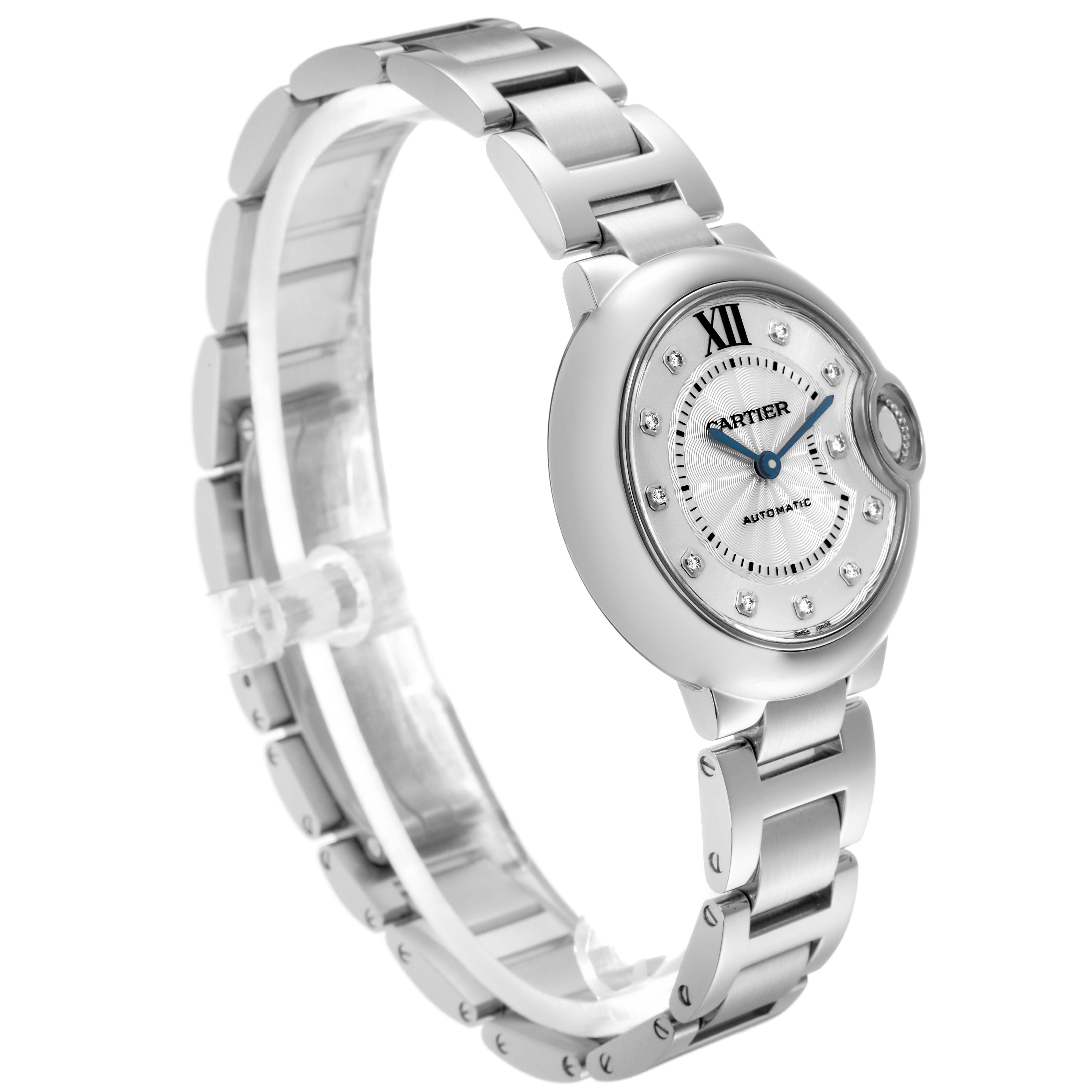 The Cartier Ballon Bleu WE902074 Women
s Stainless Steel Silver Dial WE902074 Women
s Stainless Steel Silver Dial watch is shown at a three-quarter angle, highlighting the bracelet and dial.