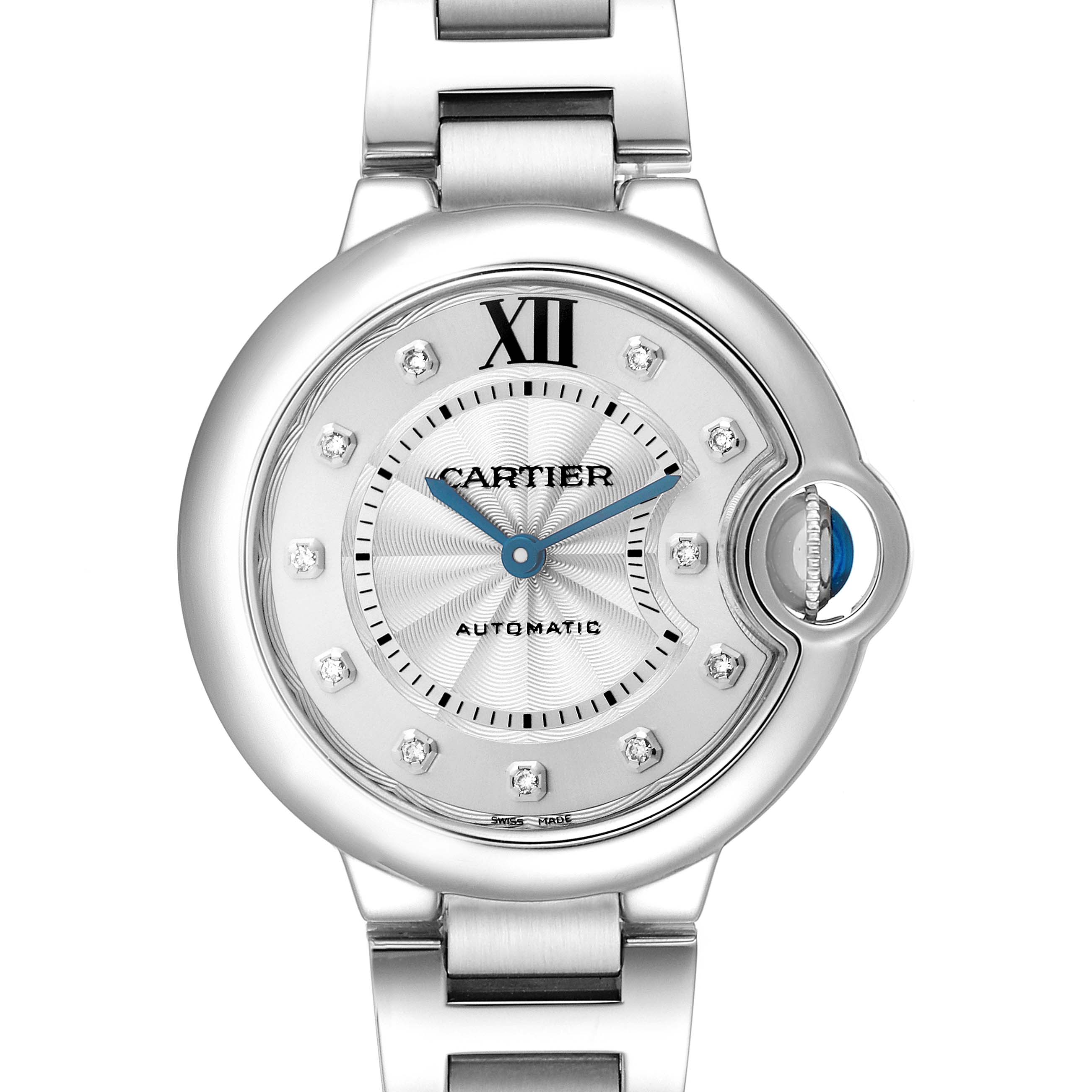 The image shows a front view of the Cartier Ballon Bleu WE902074 Women
s Stainless Steel Silver Dial WE902074 Women
s Stainless Steel Silver Dial watch, highlighting its face, bezel, and part of the bracelet.