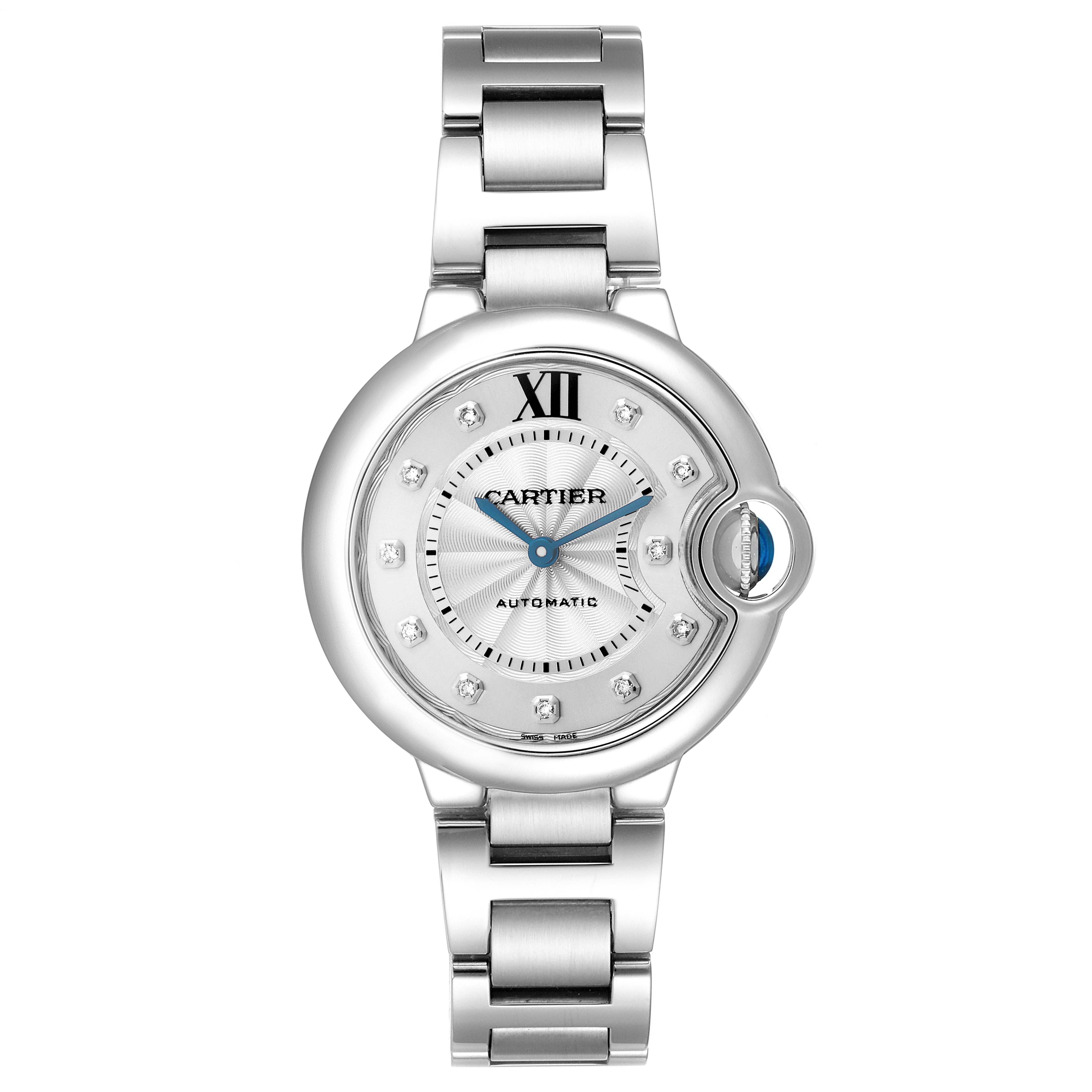 The Cartier Ballon Bleu WE902074 Women
s Stainless Steel Silver Dial WE902074 Women
s Stainless Steel Silver Dial watch is shown from a front angle, highlighting the dial, crown, and bracelet.