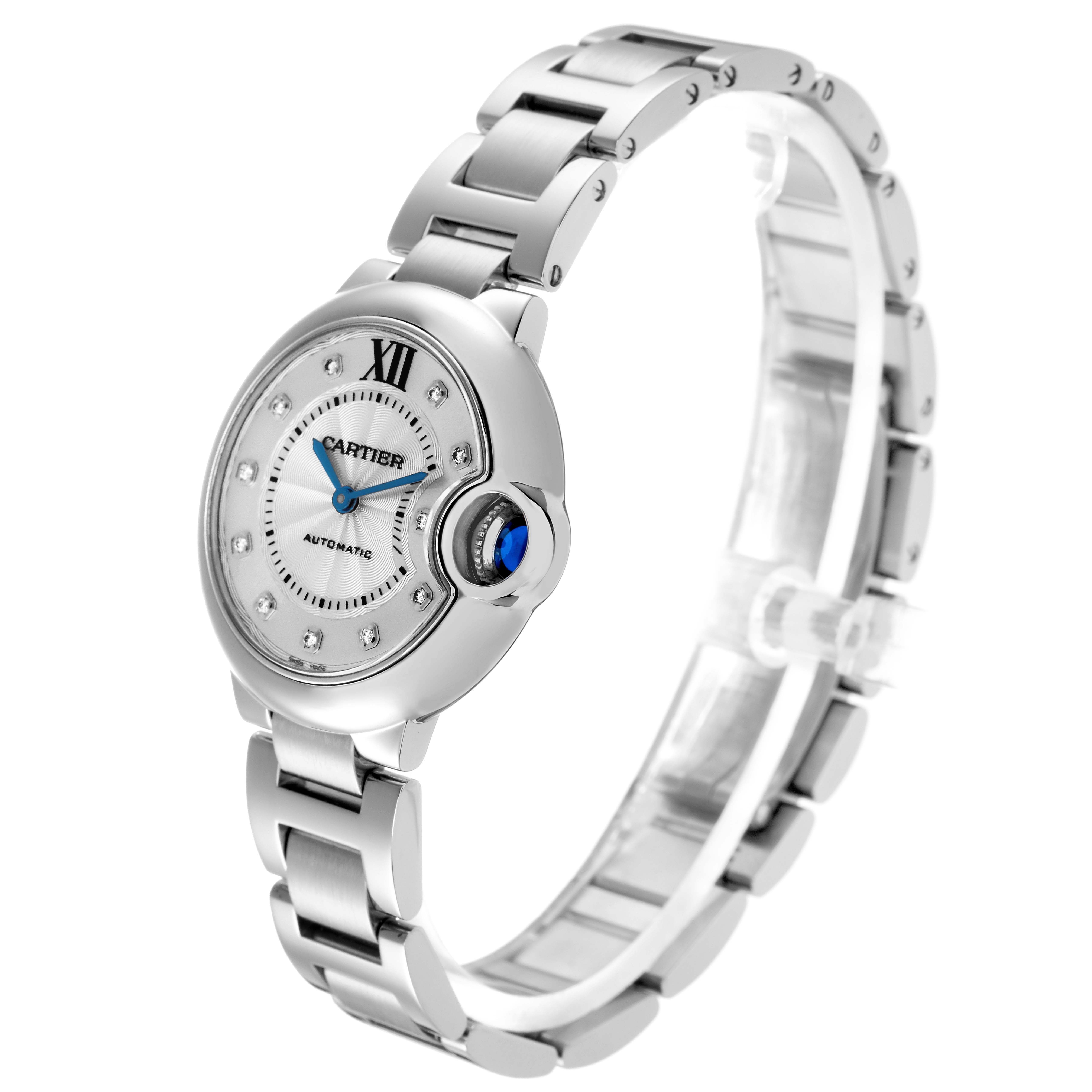 The Cartier Ballon Bleu WE902074 Women
s Stainless Steel Silver Dial WE902074 Women
s Stainless Steel Silver Dial watch is shown at a three-quarter angle, displaying the face, bracelet, and crown.