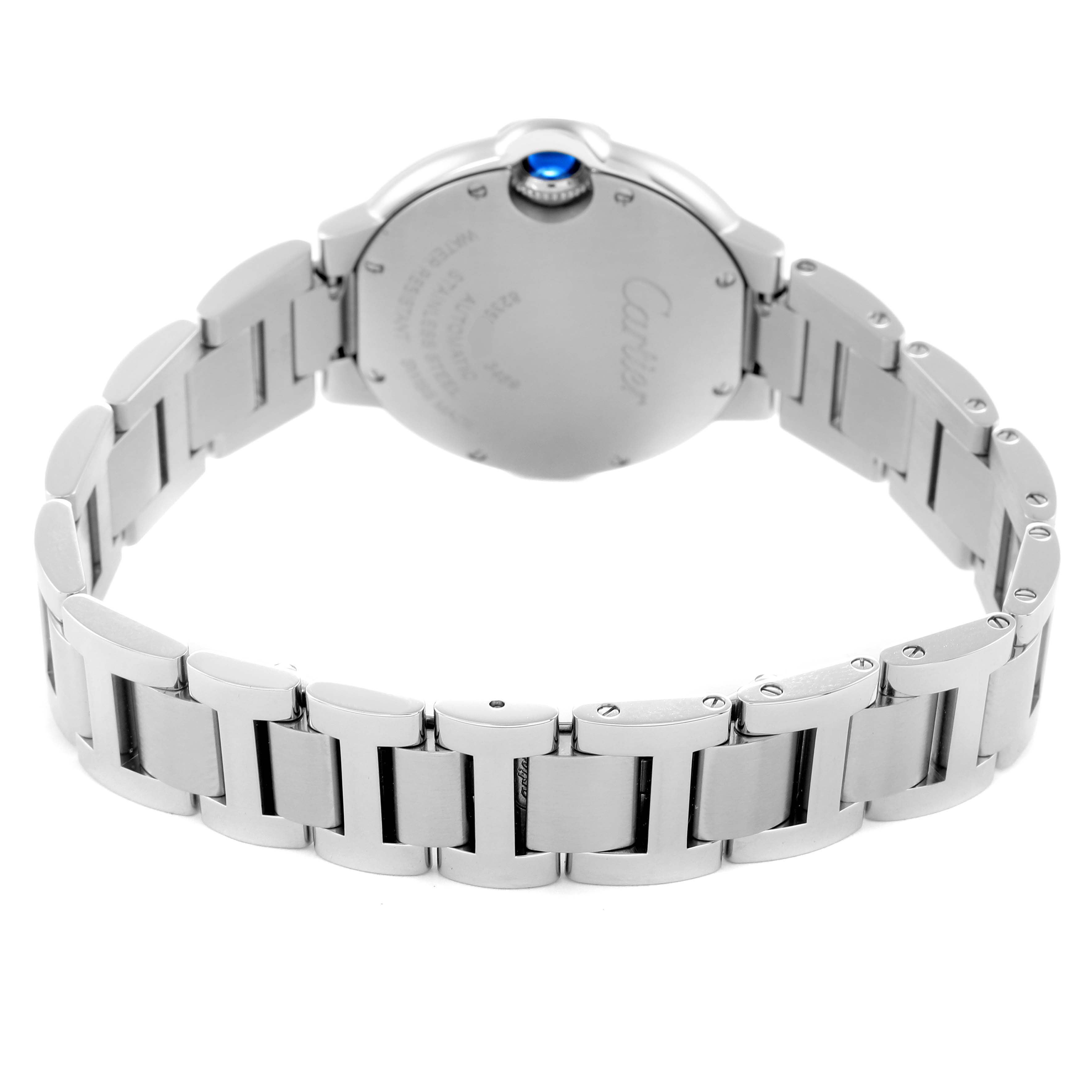 The image shows the back and bracelet of the Ballon Bleu by Cartier, highlighting its linked metallic band and case back.