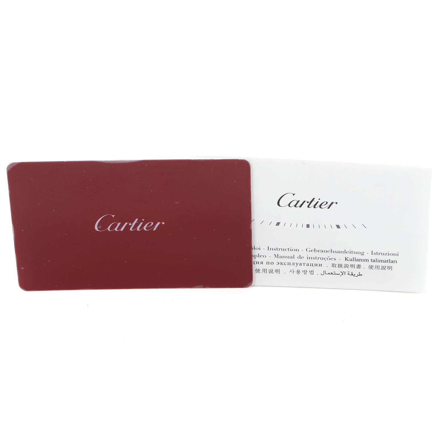 The image shows the warranty card and instruction manual for the Cartier Ballon Bleu WE902074 Women
s Stainless Steel Silver Dial WE902074 Women
s Stainless Steel Silver Dial watch, both laid out flat.