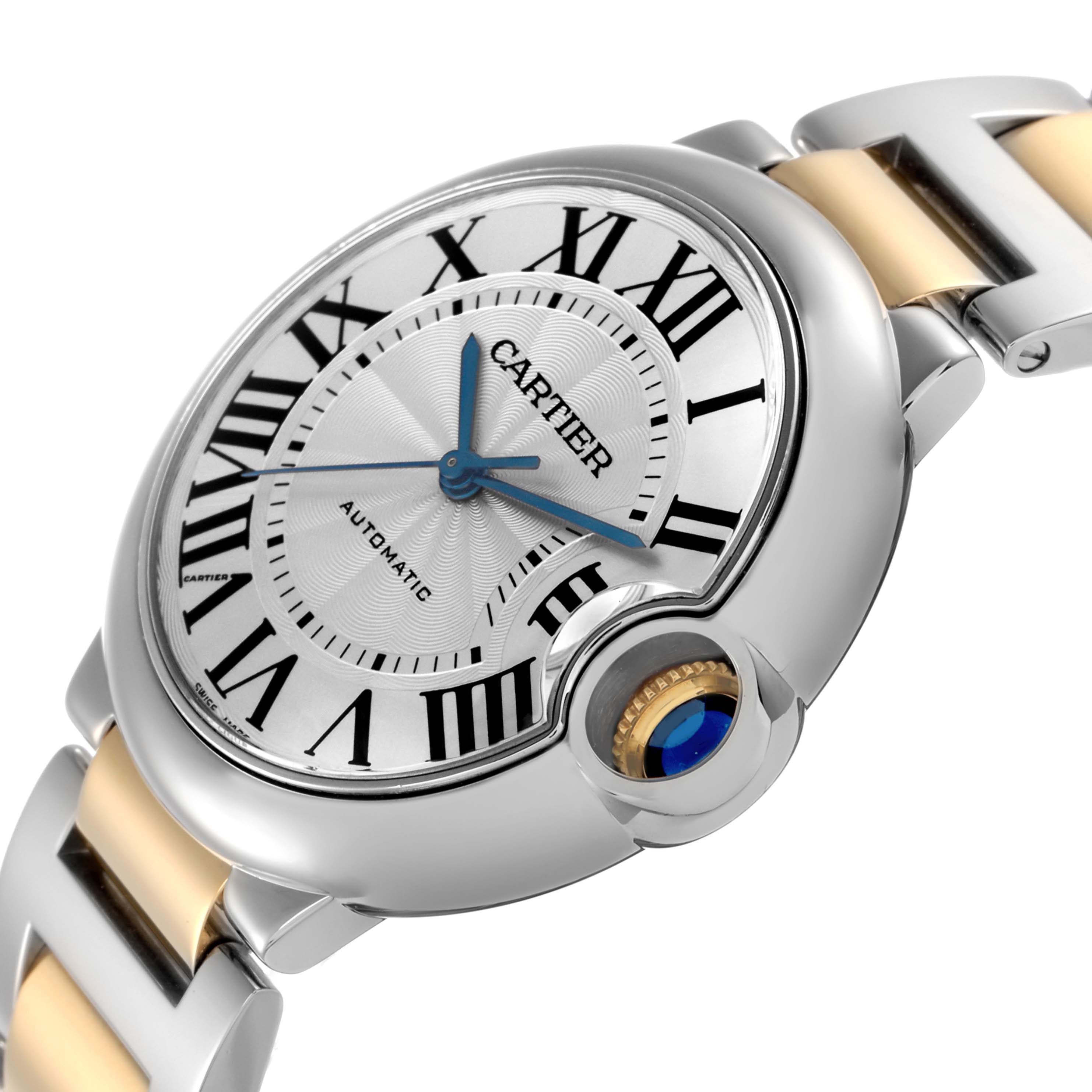 The Cartier Ballon Bleu W2BB0012 Women
s Steel and Gold (two tone) Silver Dial W2BB0012 Women
s Steel and Gold (two tone) Silver Dial watch is shown at an angled side view, highlighting the dial, Roman numerals, and blue cabochon crown.