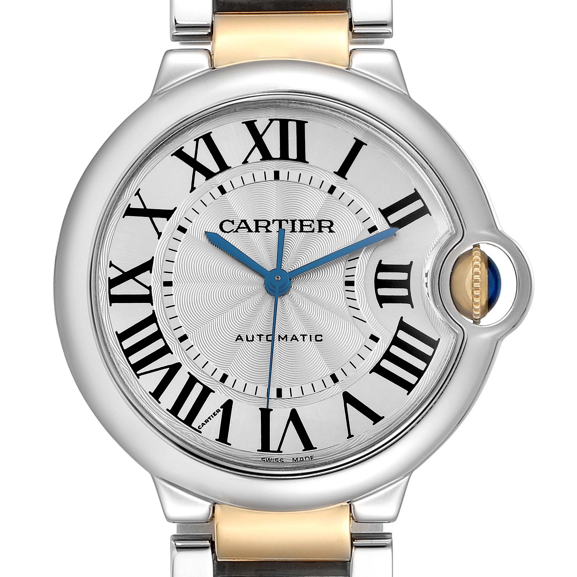 The Cartier Ballon Bleu W2BB0012 Women
s Steel and Gold (two tone) Silver Dial W2BB0012 Women
s Steel and Gold (two tone) Silver Dial watch is shown from the front, highlighting the Roman numerals, blue hands, and crown with a blue cabochon.