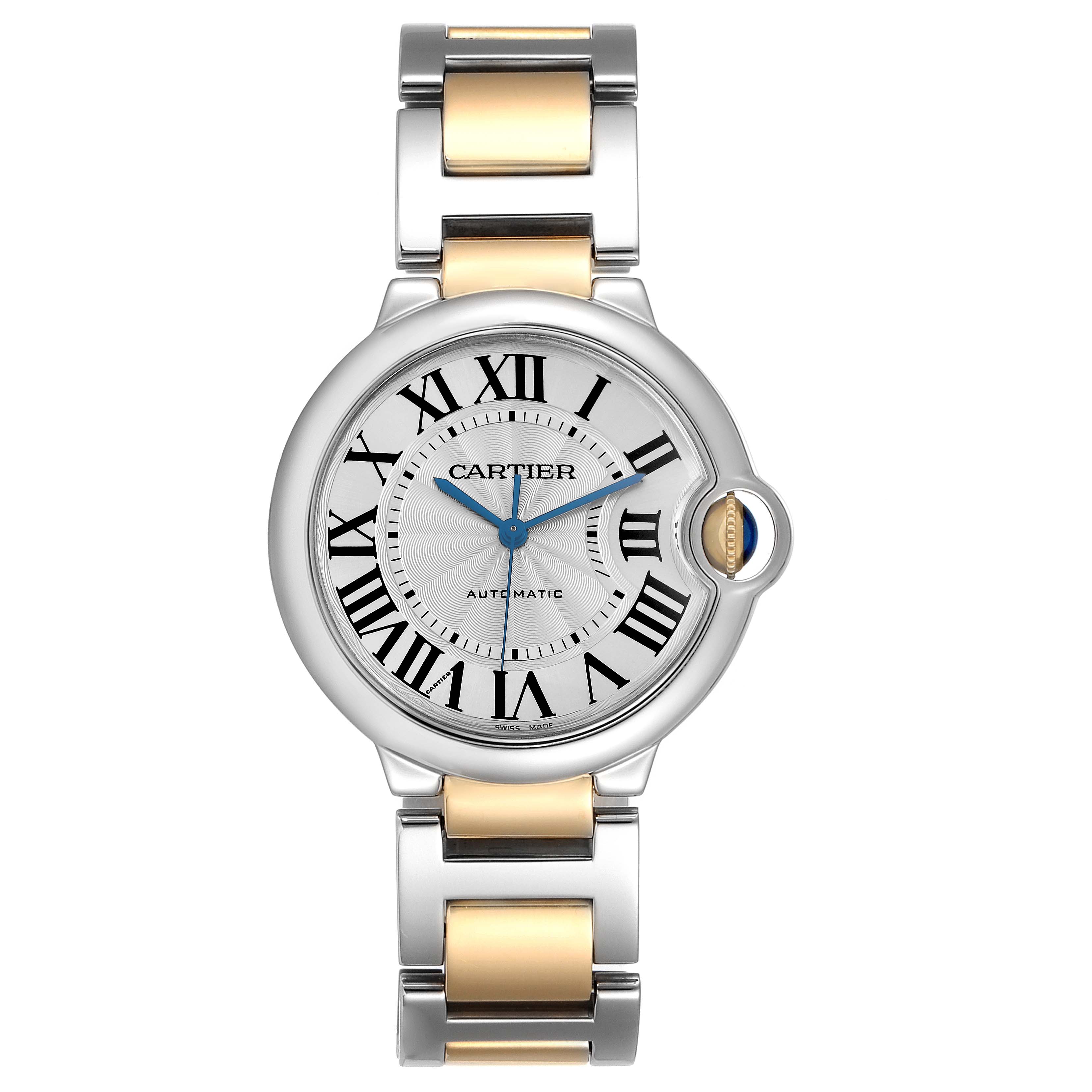 The Cartier Ballon Bleu W2BB0012 Women
s Steel and Gold (two tone) Silver Dial W2BB0012 Women
s Steel and Gold (two tone) Silver Dial watch is shown from a top-down angle, displaying the dial, hands, and two-tone bracelet.