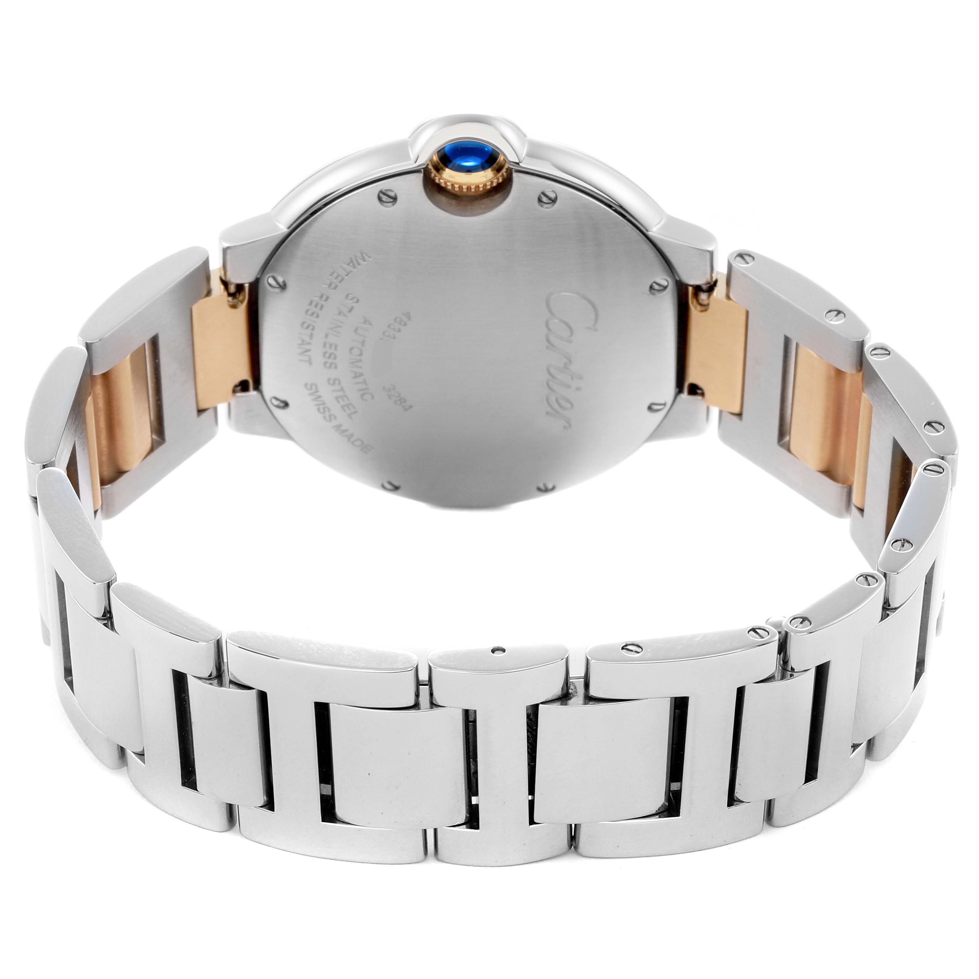 The image shows the back case and bracelet of the Cartier Ballon Bleu W2BB0012 Women
s Steel and Gold (two tone) Silver Dial W2BB0012 Women
s Steel and Gold (two tone) Silver Dial watch, highlighting the clasp and links.