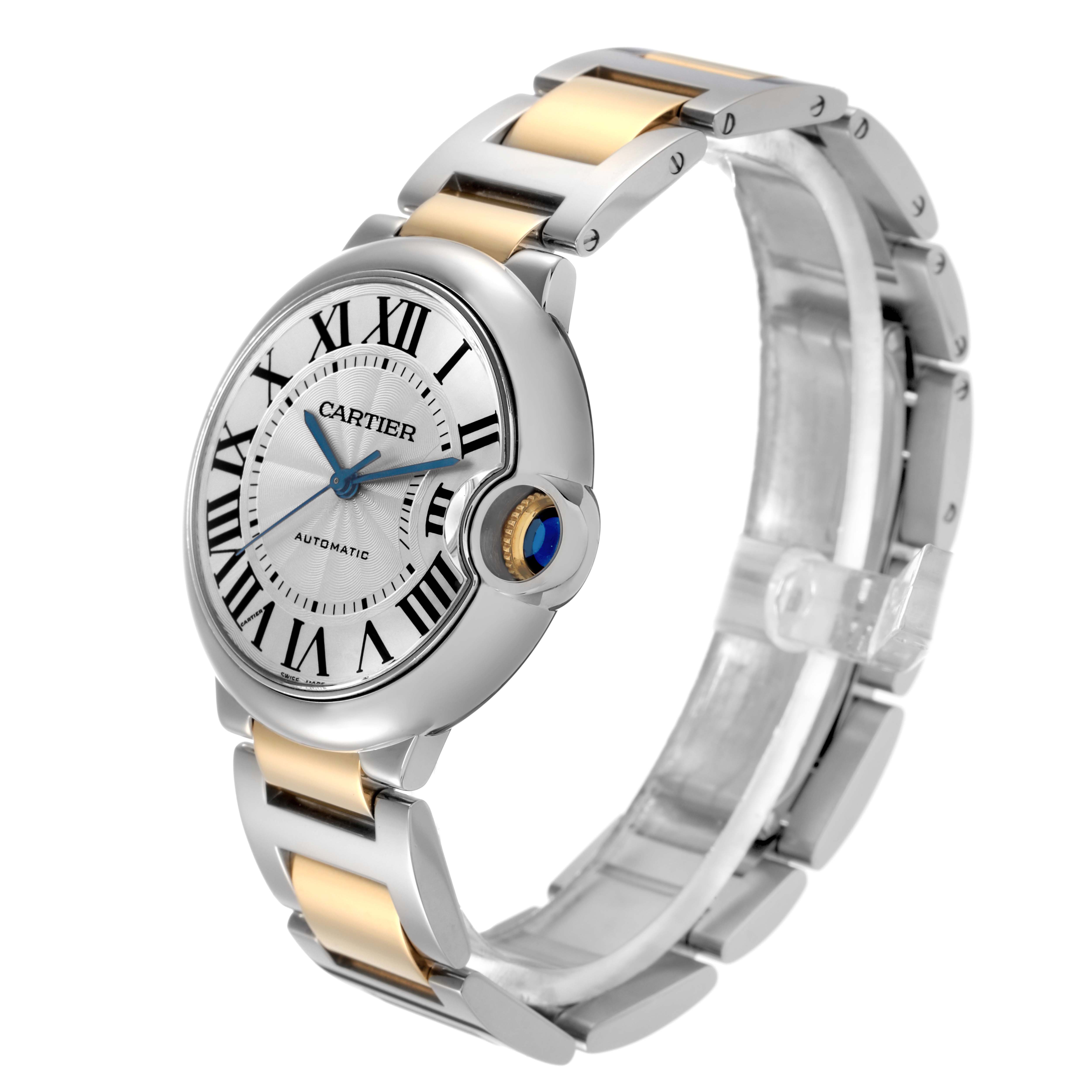 The Cartier Ballon Bleu W2BB0012 Women
s Steel and Gold (two tone) Silver Dial W2BB0012 Women
s Steel and Gold (two tone) Silver Dial watch is shown at a three-quarter angle, displaying the face, bezel, crown, and part of the bracelet.