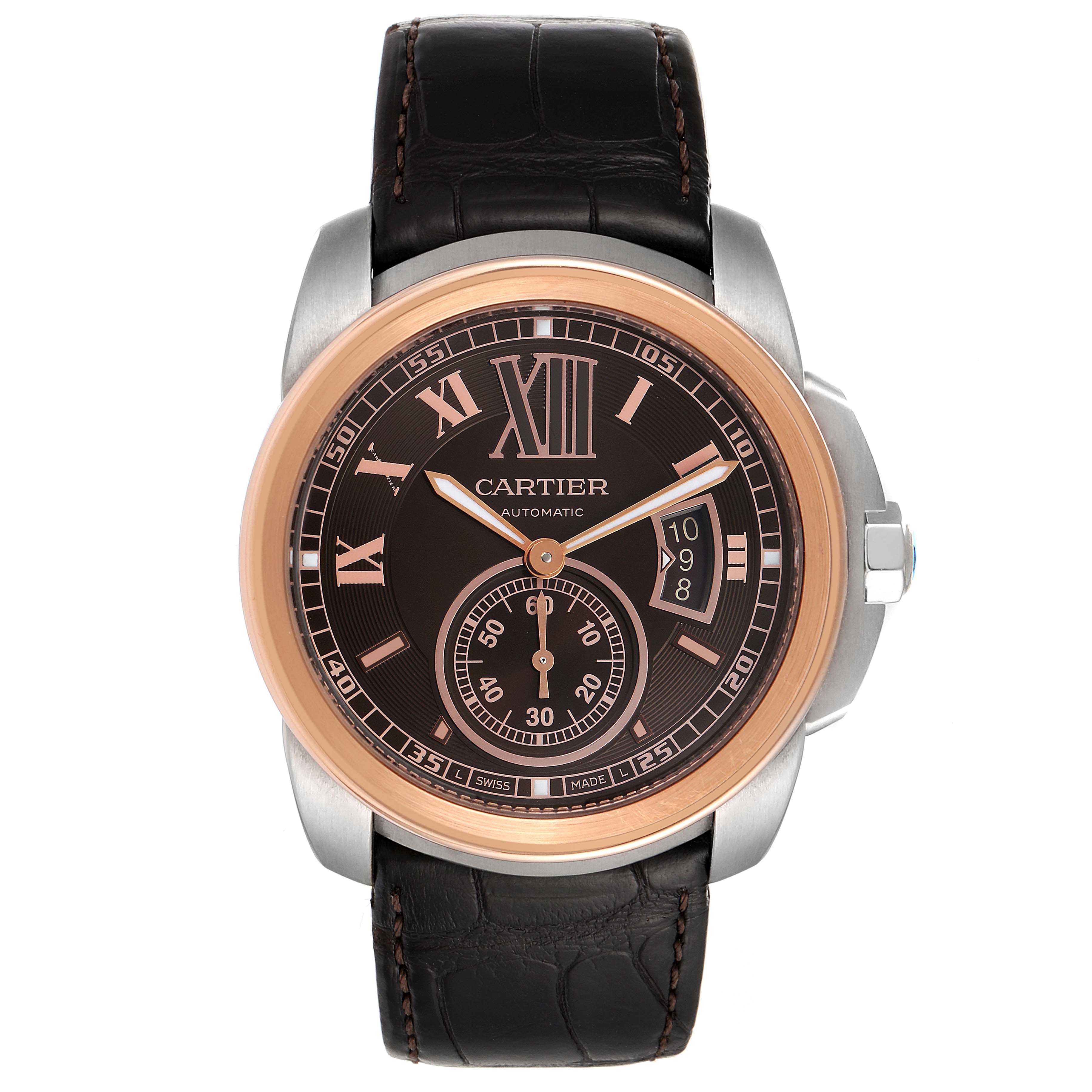 The image shows a frontal view of a Calibre de Cartier watch by Cartier, highlighting the dial, hands, and leather strap.