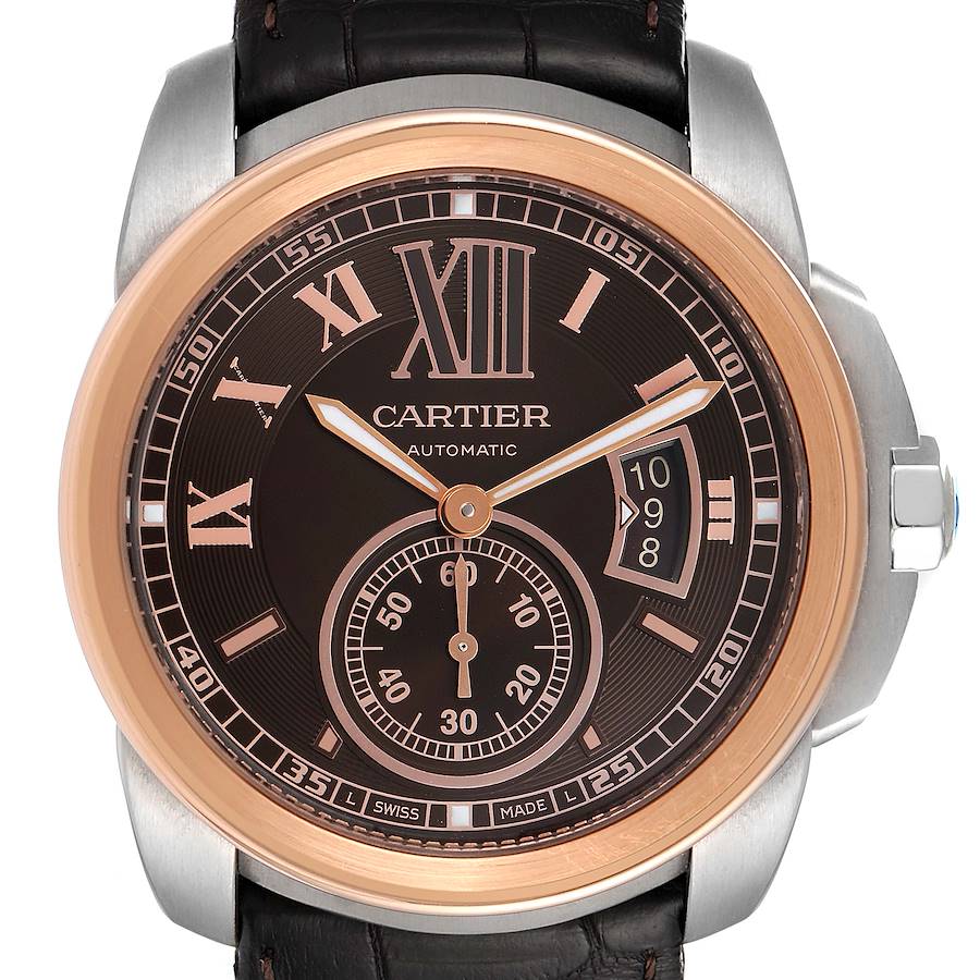 Cartier Calibre Brown Dial Rose Gold Steel Mens Watch W7100051 SwissWatchExpo