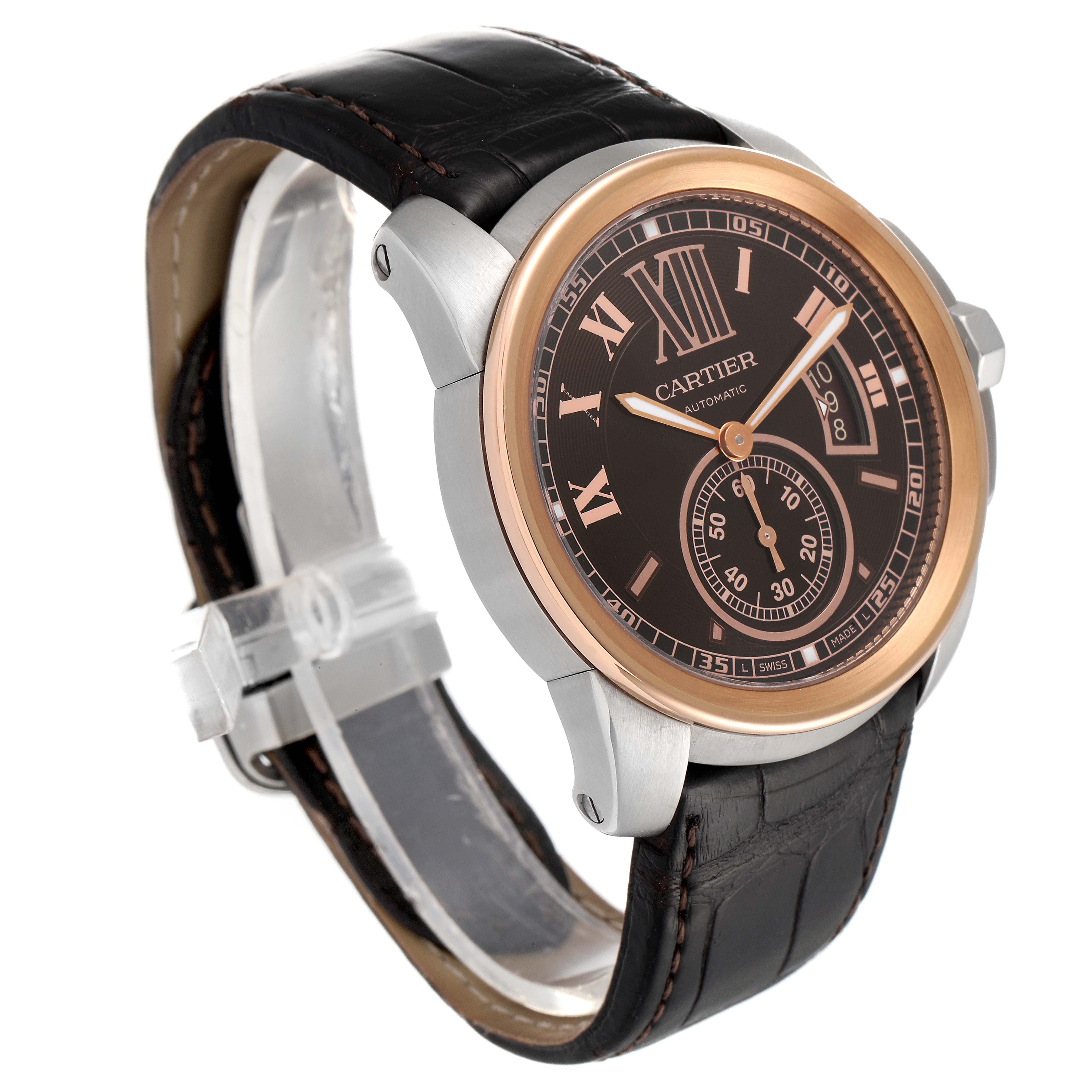 This image shows a Calibre de Cartier watch by Cartier at a three-quarter angle, highlighting its face, bezel, and leather strap.