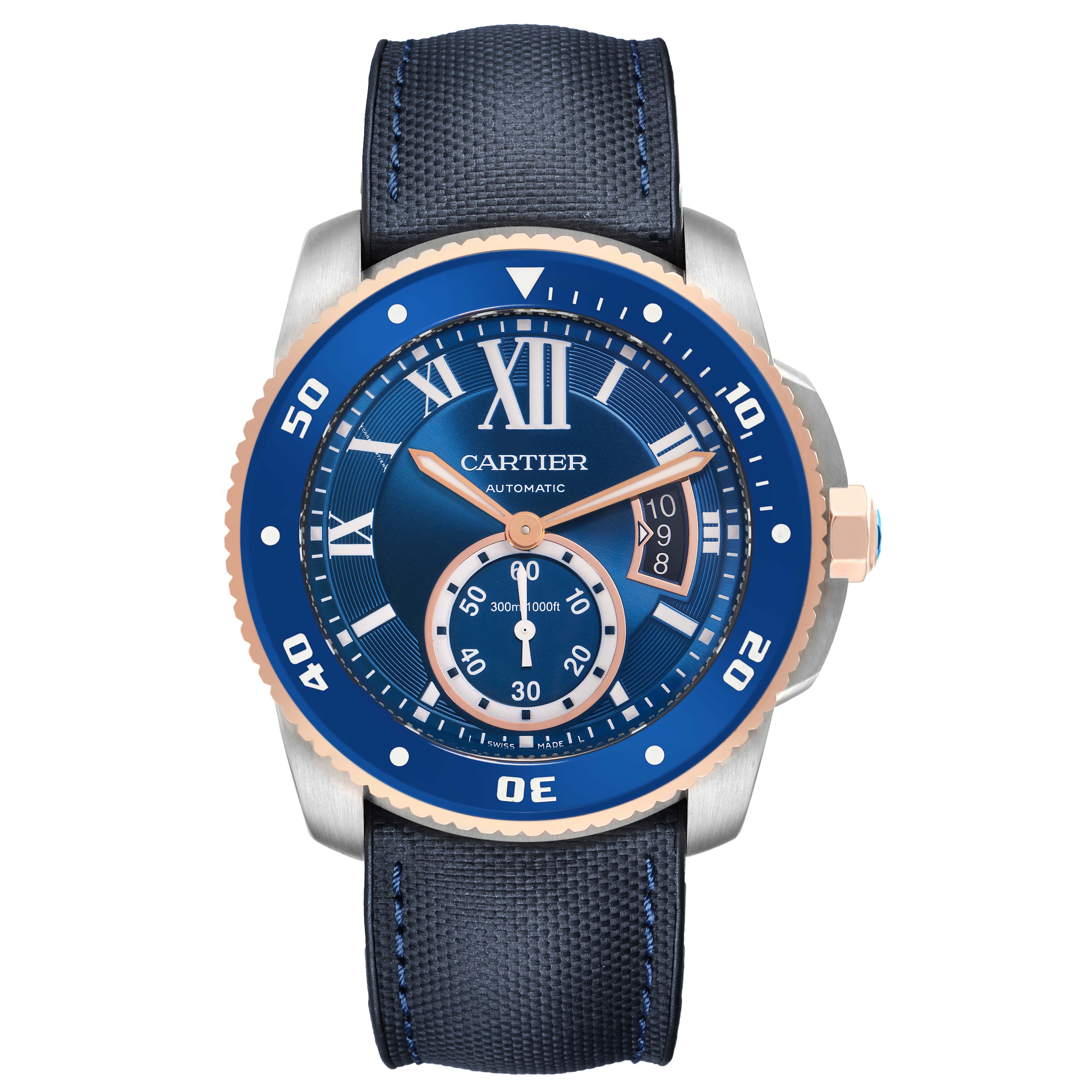 The Calibre de Cartier watch is shown from the front, displaying the blue dial, bezel, leather strap, and rose gold accents.