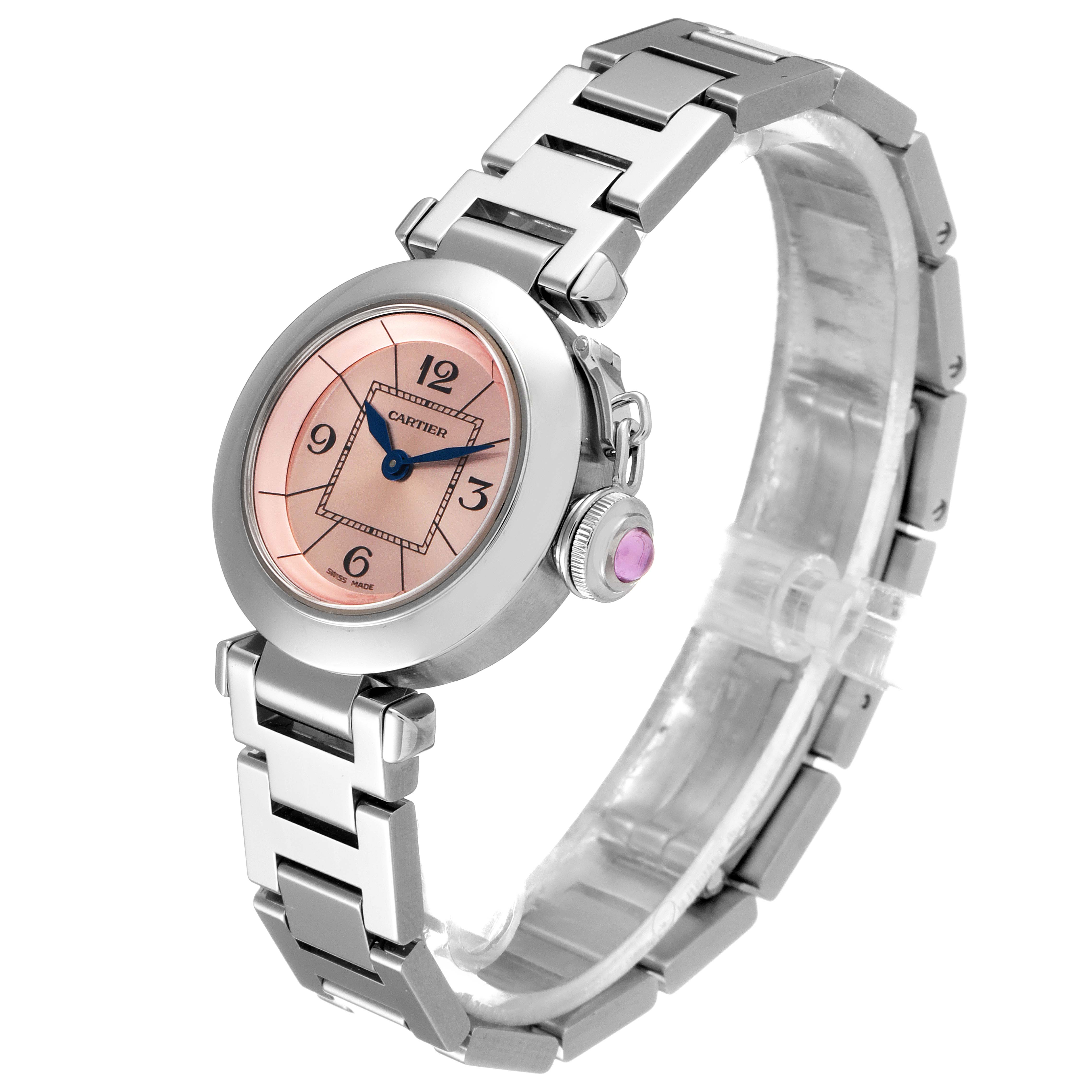 The image shows a side angle of the Cartier Pasha W3140008 Women's Stainless Steel Pink Dial W3140008 Women's Stainless Steel Pink Dial watch, highlighting the round face and distinctive bracelet.