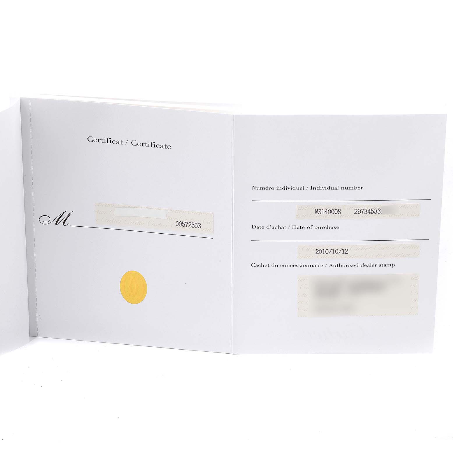 This image shows the certificate of authenticity for a Cartier Pasha W3140008 Women's Stainless Steel Pink Dial W3140008 Women's Stainless Steel Pink Dial model watch.