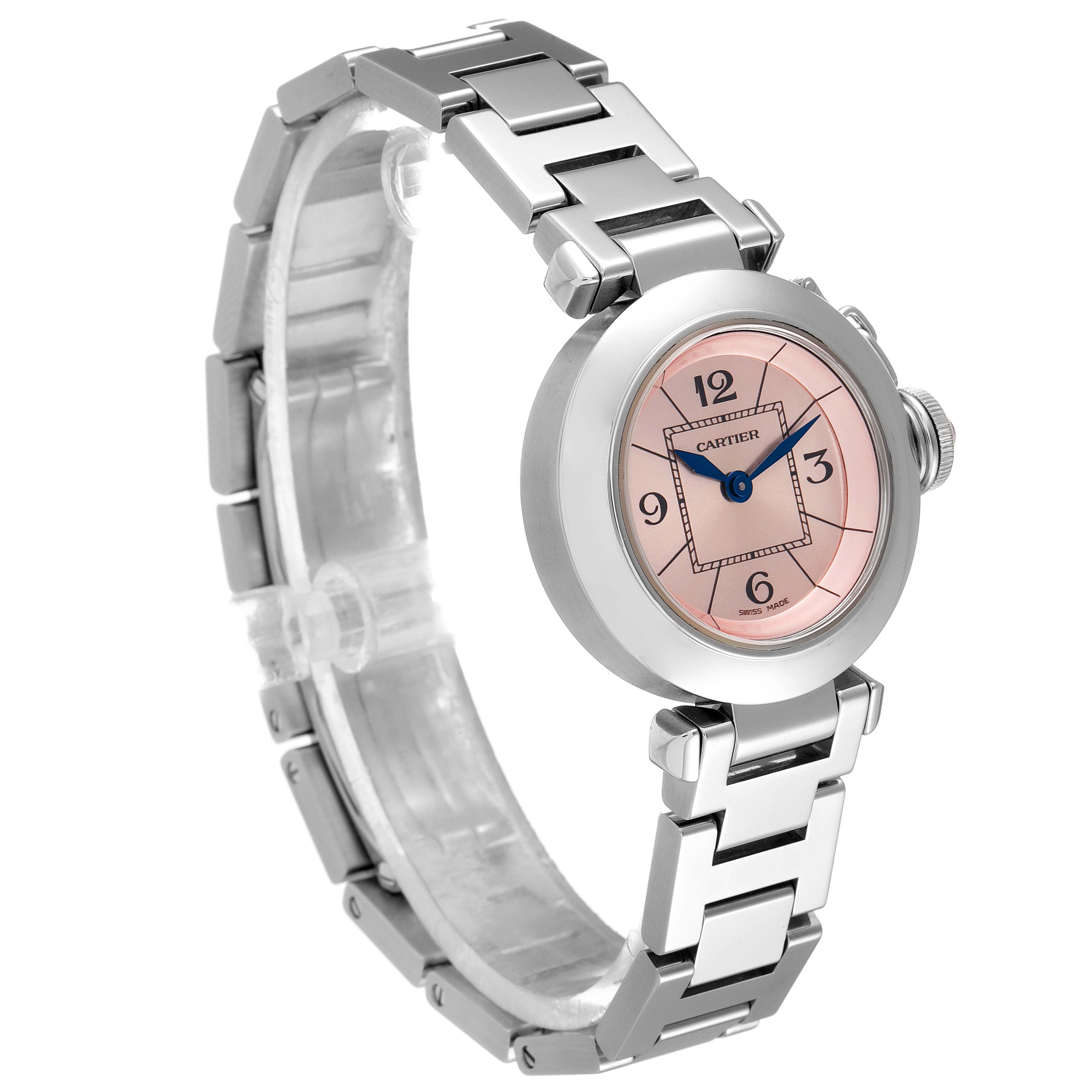 The Cartier Pasha W3140008 Women's Stainless Steel Pink Dial W3140008 Women's Stainless Steel Pink Dial watch is shown from an angled side view, displaying the face, crown, and stainless steel bracelet.