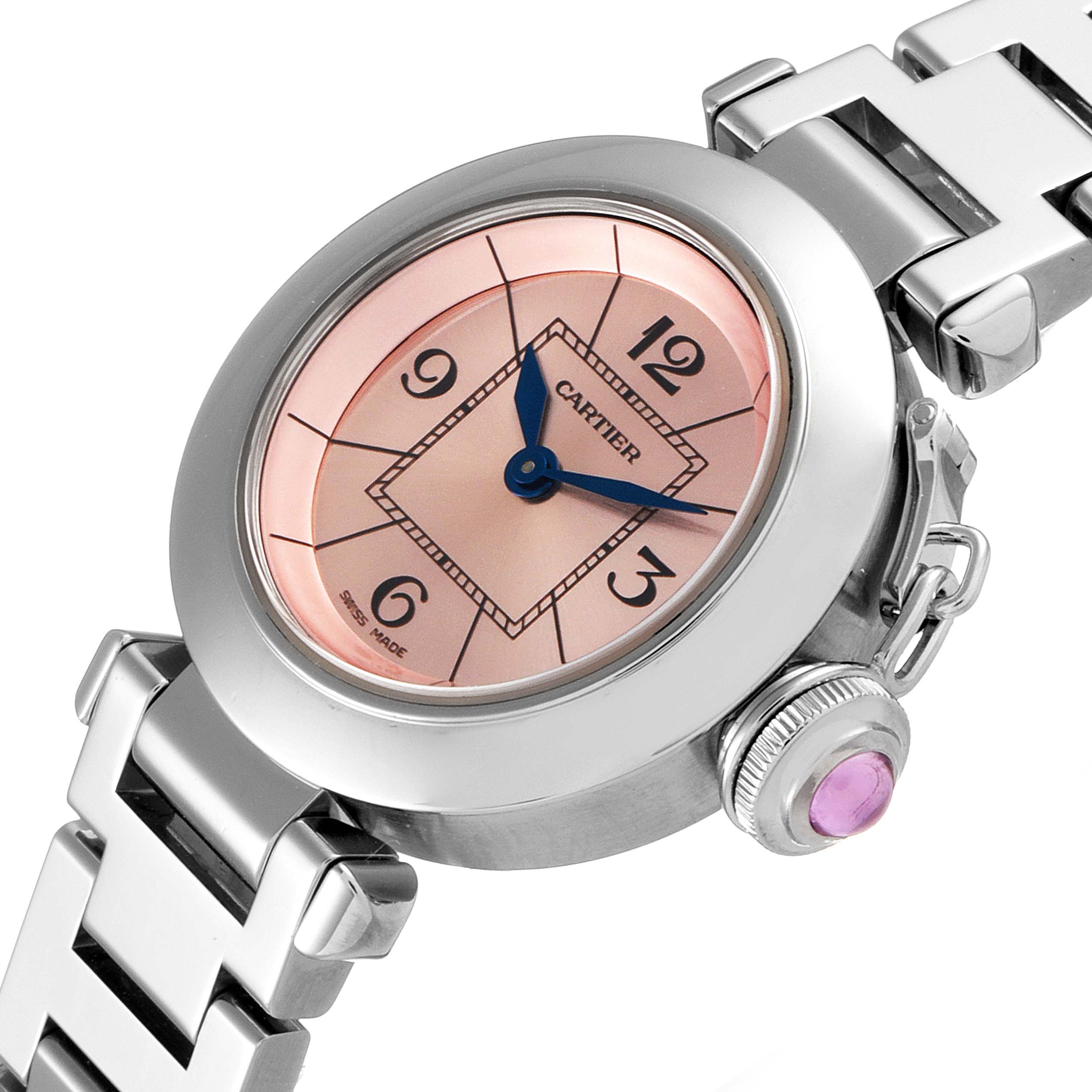 This image shows a Cartier Pasha W3140008 Women's Stainless Steel Pink Dial W3140008 Women's Stainless Steel Pink Dial watch from an angled top view, highlighting its dial, bezel, crown, and part of the bracelet.