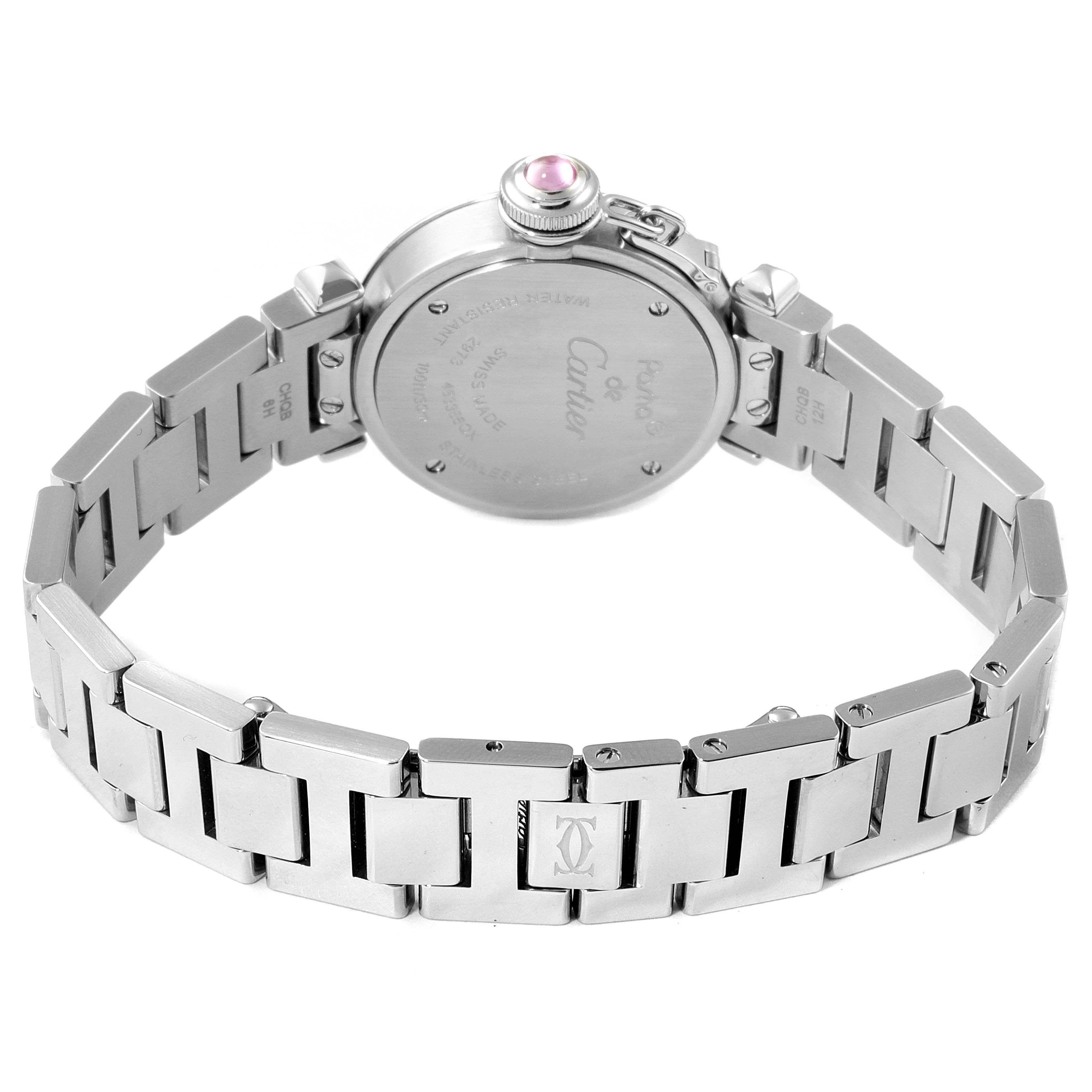The image shows the back and bracelet of a Cartier Pasha W3140008 Women's Stainless Steel Pink Dial W3140008 Women's Stainless Steel Pink Dial watch, highlighting its clasp and case back.