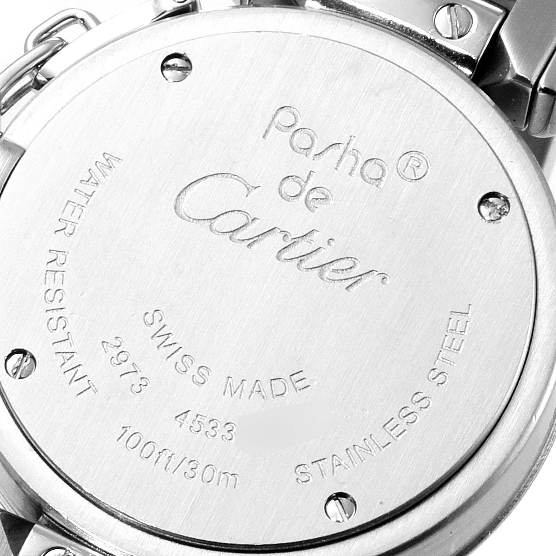 The image shows the back case of a Pasha de Cartier watch, highlighting its water resistance and other specifications.