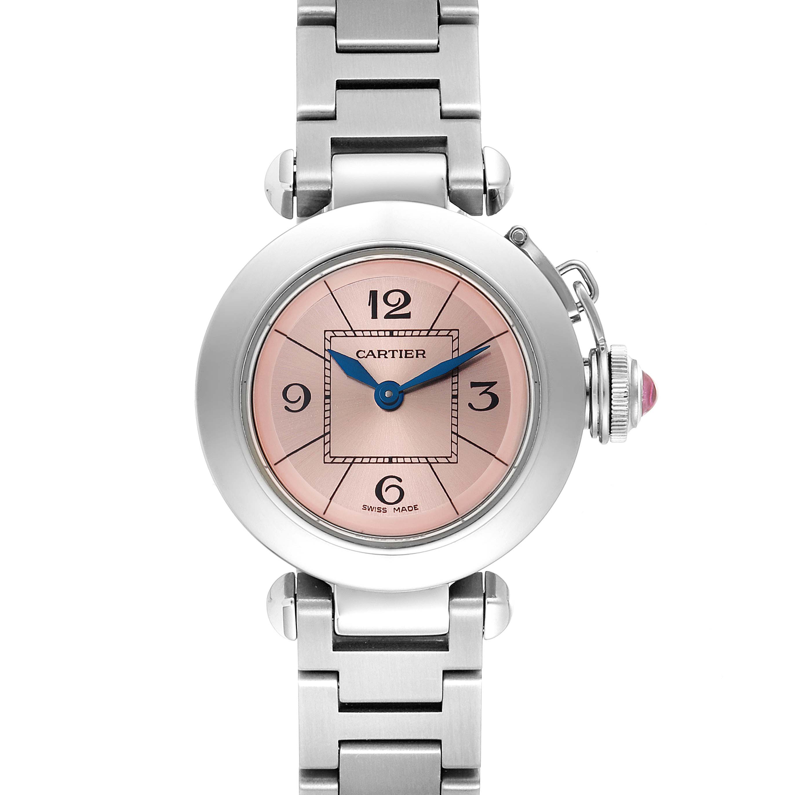 The image shows a Cartier Pasha W3140008 Women's Stainless Steel Pink Dial W3140008 Women's Stainless Steel Pink Dial watch with a pink dial, blue hands, and a metal bracelet, viewed from the front.