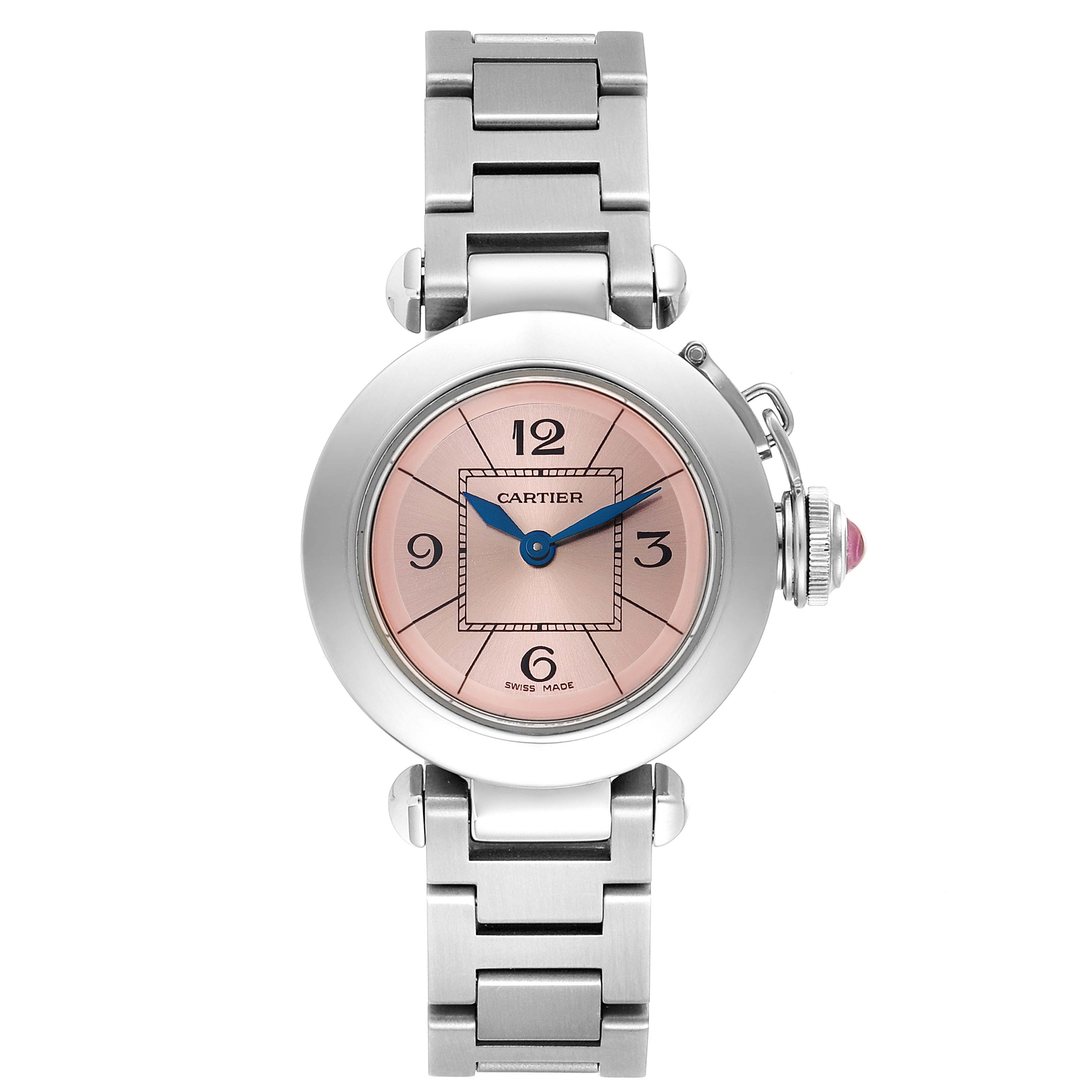This image shows a straight-on view of a Cartier Pasha W3140008 Women's Stainless Steel Pink Dial W3140008 Women's Stainless Steel Pink Dial watch, highlighting its face, bracelet, and crown.