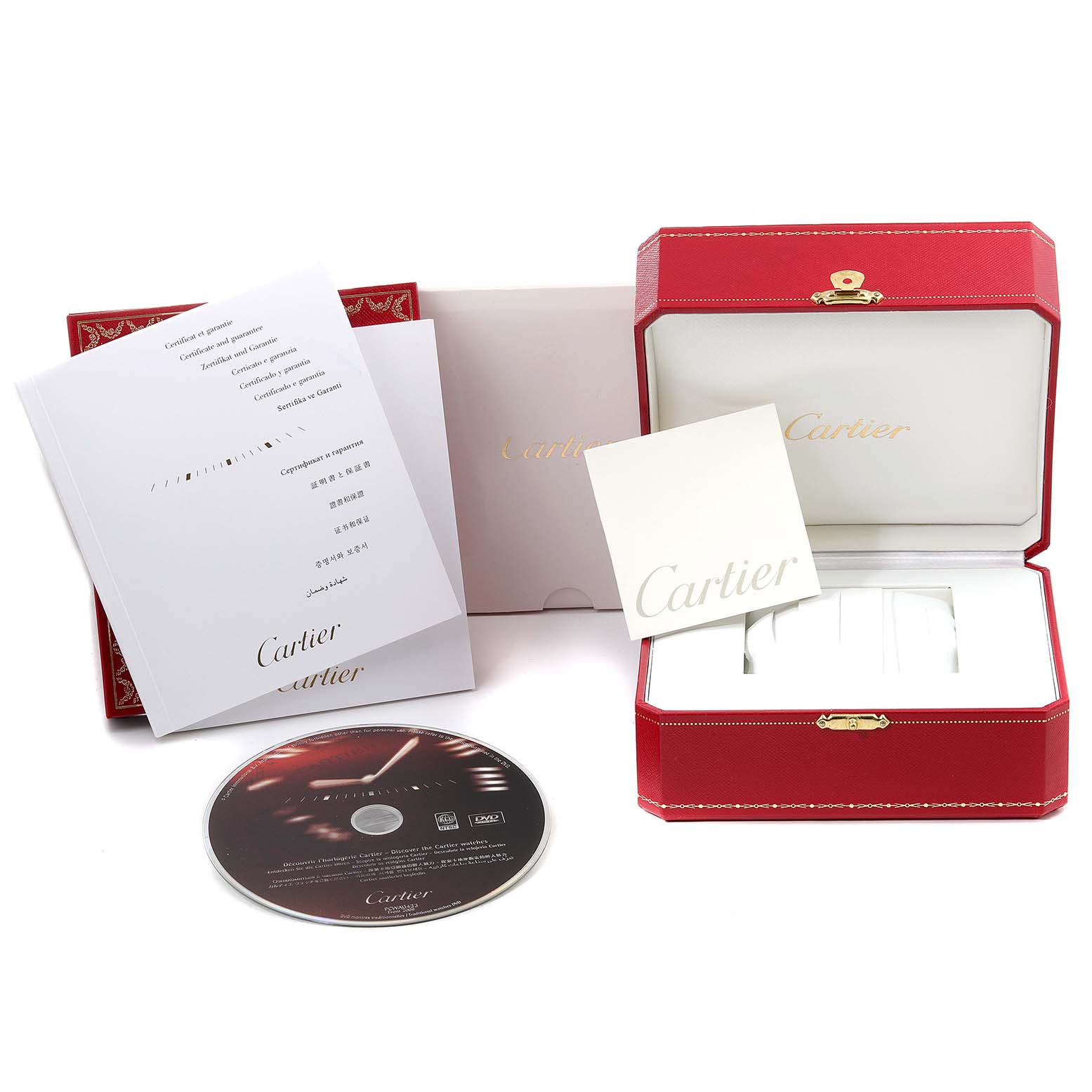 The image shows the packaging, manuals, and a CD for a Cartier Pasha W3140008 Women's Stainless Steel Pink Dial W3140008 Women's Stainless Steel Pink Dial watch, with an open red box in the background.