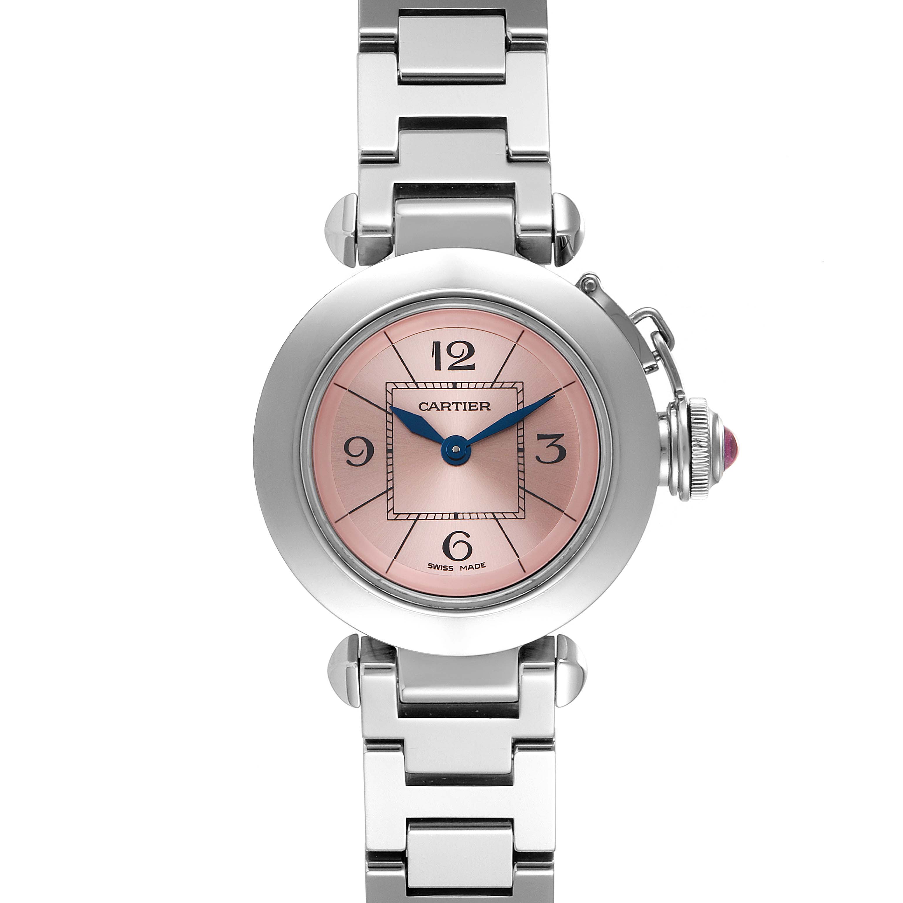 This image shows the front view of the Cartier Pasha W3140008 Women's Stainless Steel Pink Dial W3140008 Women's Stainless Steel Pink Dial watch, highlighting its bezel, dial, hands, and bracelet.