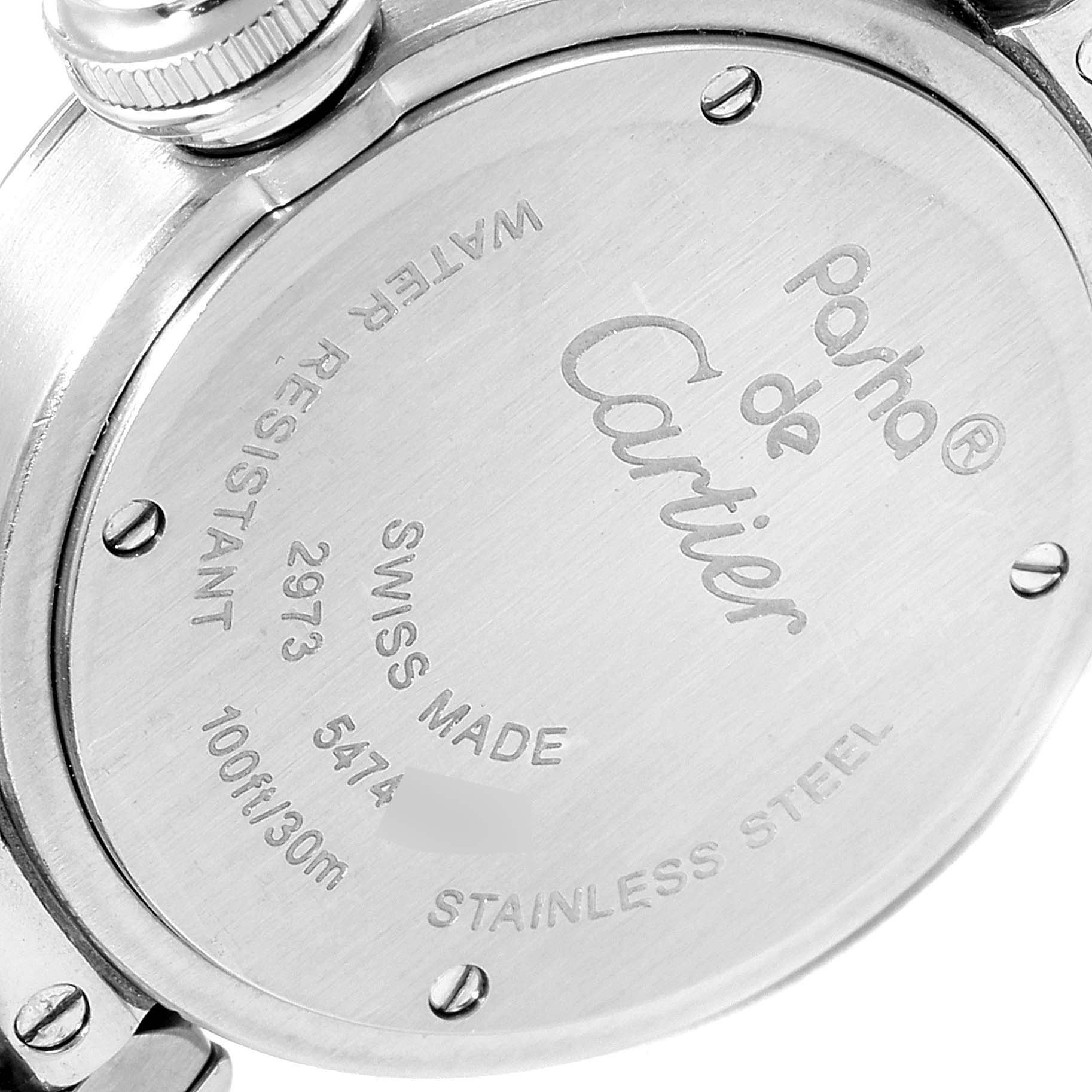 The image shows the back case of a Cartier Pasha W3140008 Women's Stainless Steel Pink Dial W3140008 Women's Stainless Steel Pink Dial watch, highlighting the branding, and specifications.