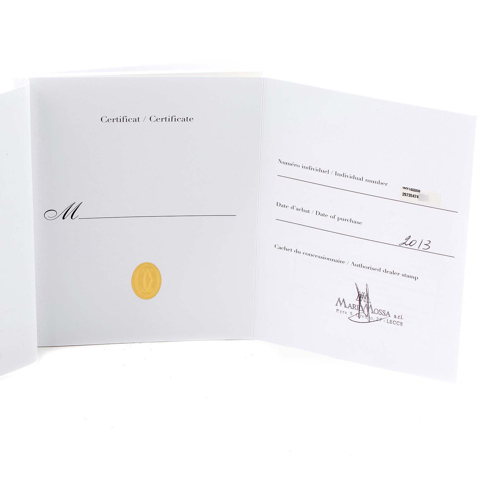 The image displays the authenticity certificate for the Cartier Pasha W3140008 Women's Stainless Steel Pink Dial W3140008 Women's Stainless Steel Pink Dial model.