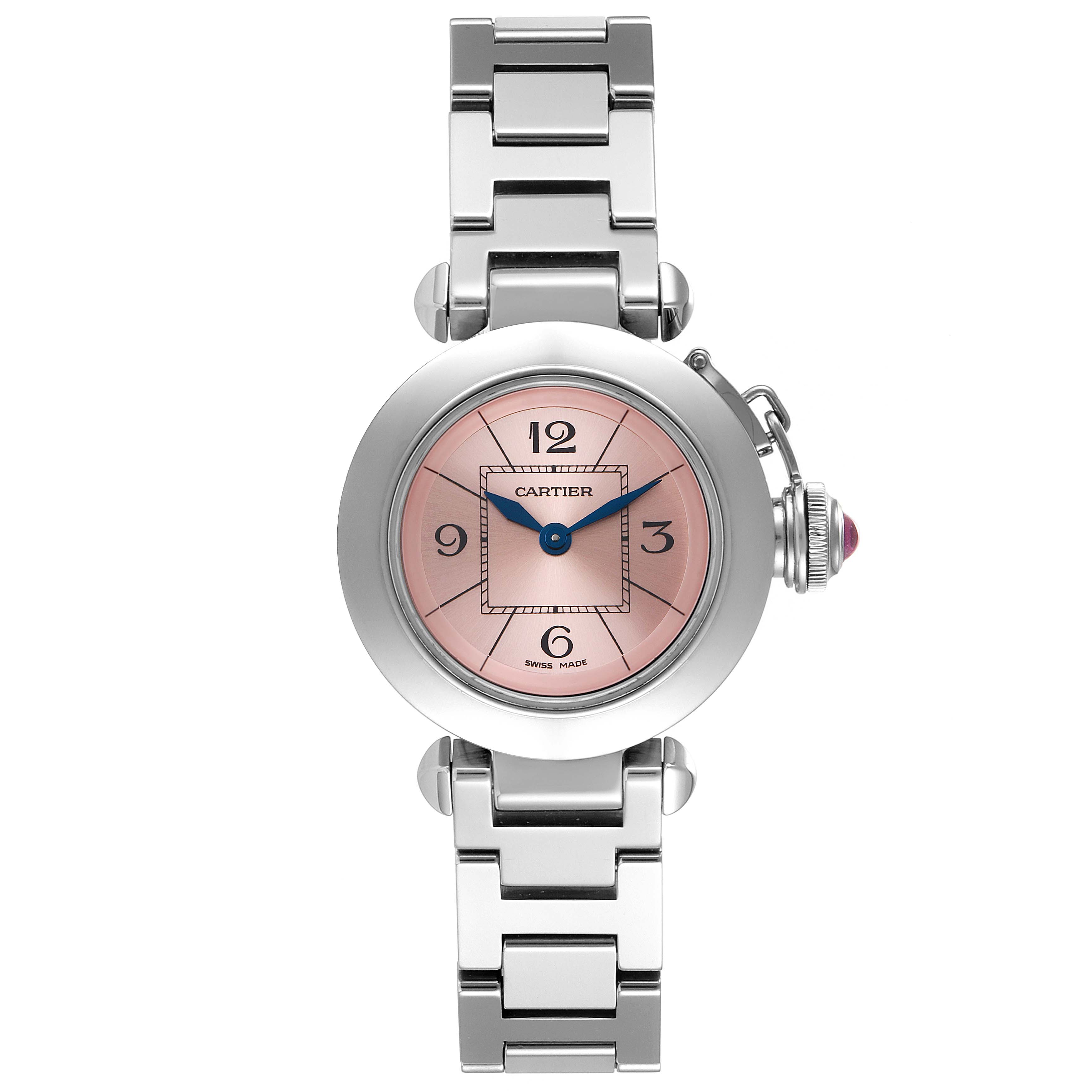 The image shows a Cartier Pasha W3140008 Women's Stainless Steel Pink Dial W3140008 Women's Stainless Steel Pink Dial watch from a top-down angle, highlighting its pink dial and silver metal bracelet.