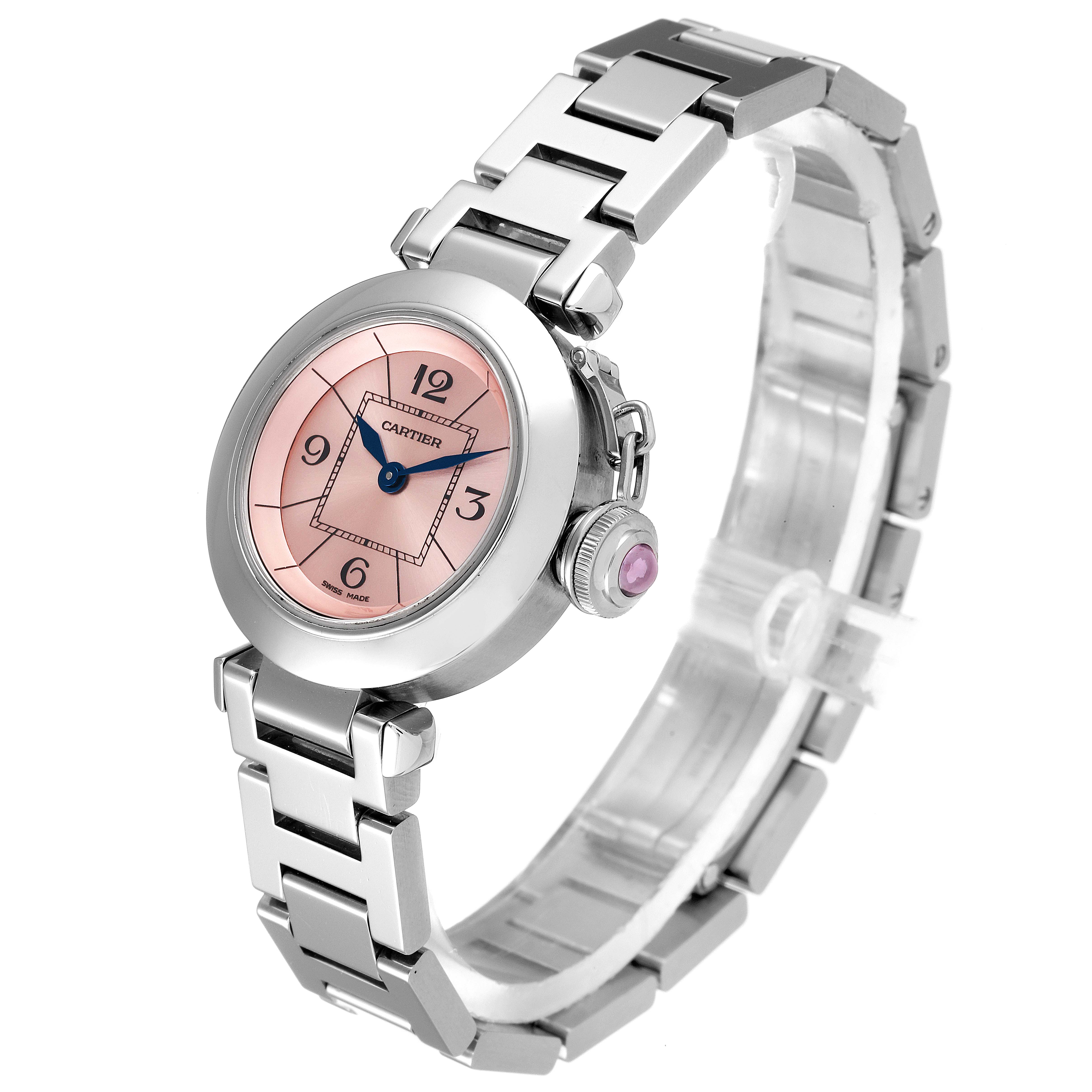 The image shows a Cartier Pasha W3140008 Women's Stainless Steel Pink Dial W3140008 Women's Stainless Steel Pink Dial watch at a three-quarter angle, highlighting its pink dial and metal bracelet.