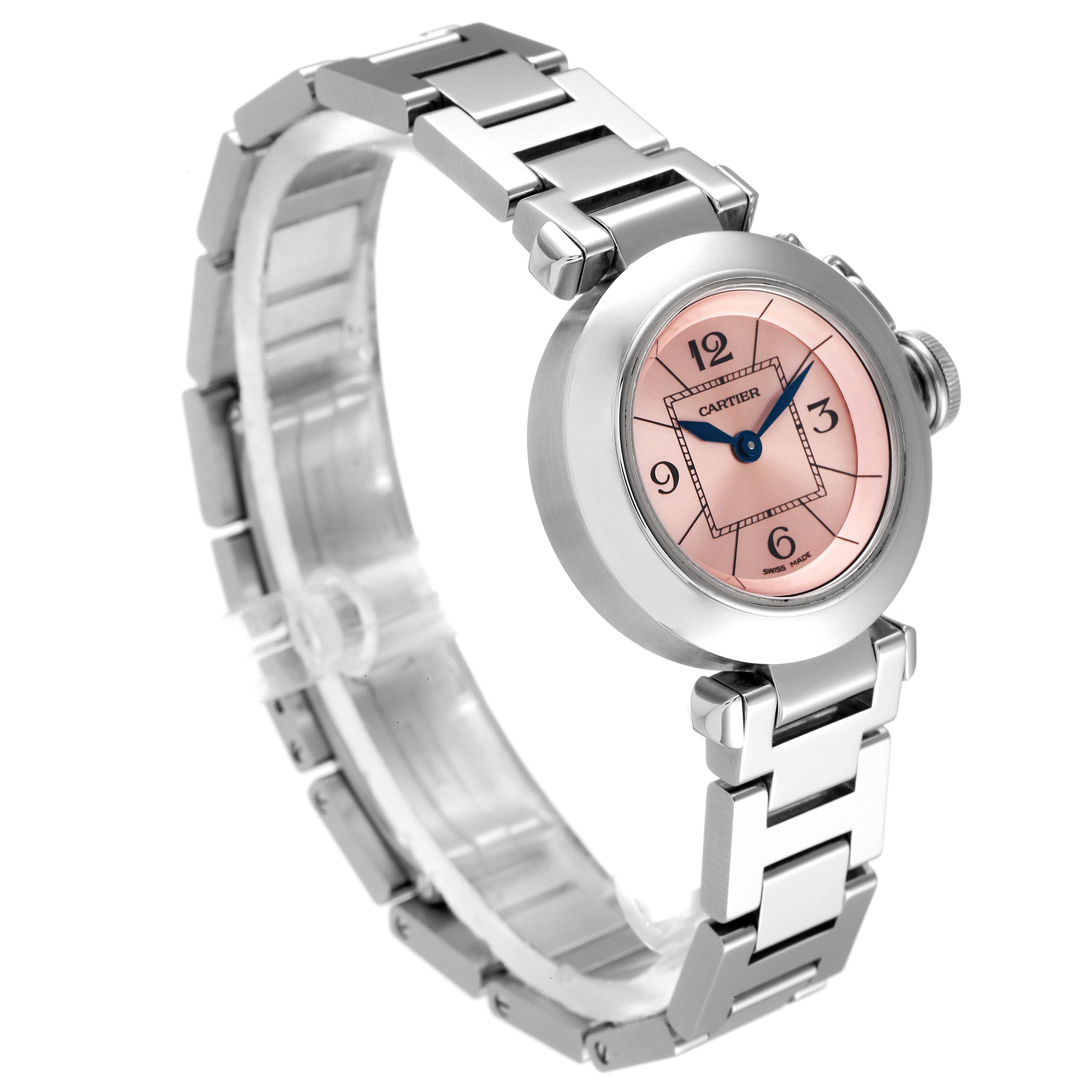 This image shows a side angle of a Cartier Pasha W3140008 Women's Stainless Steel Pink Dial W3140008 Women's Stainless Steel Pink Dial watch featuring its dial, case, crown, and bracelet.
