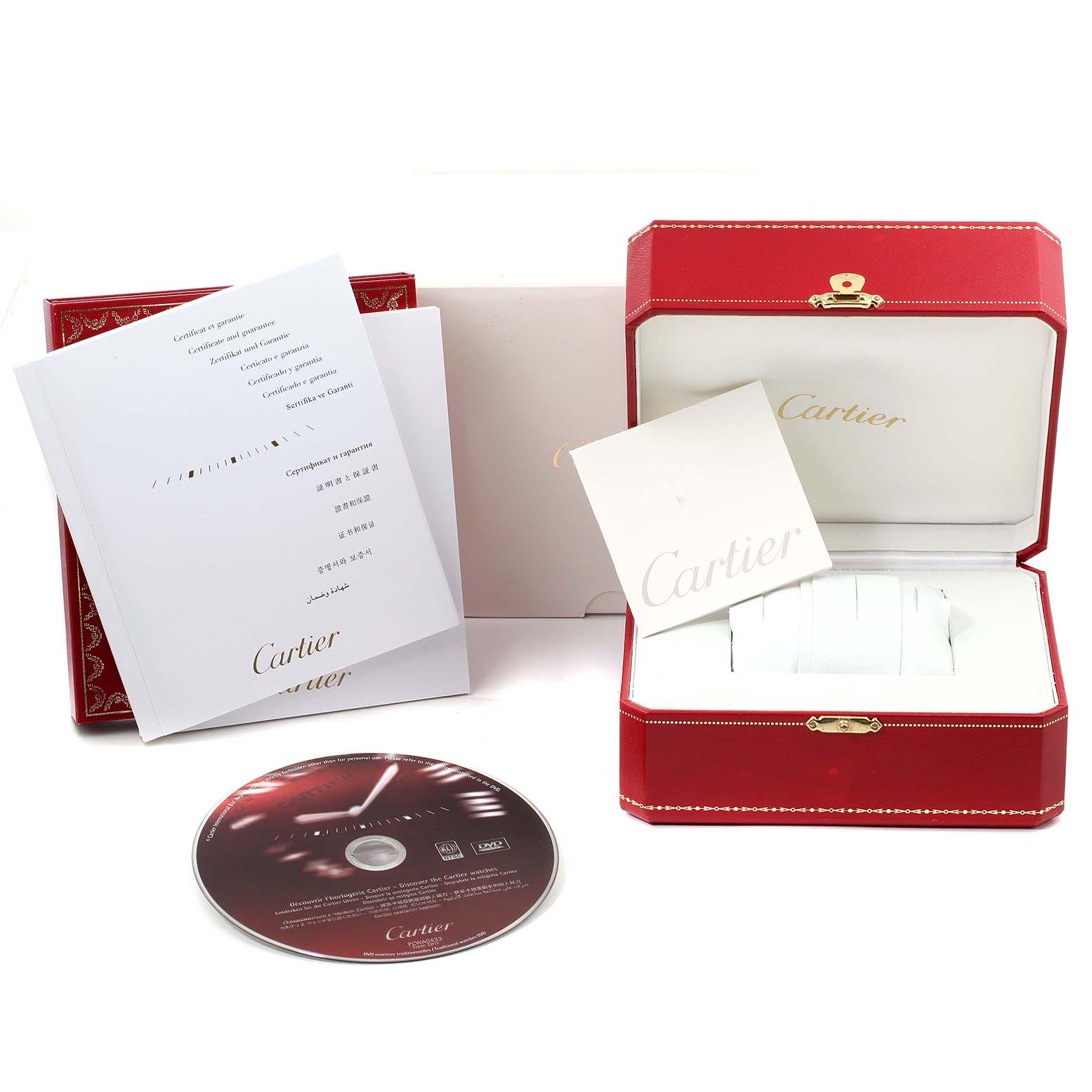 The image shows a Cartier Pasha W3140008 Women's Stainless Steel Pink Dial W3140008 Women's Stainless Steel Pink Dial watch's red box, documentation, and a DVD, angled from the front.