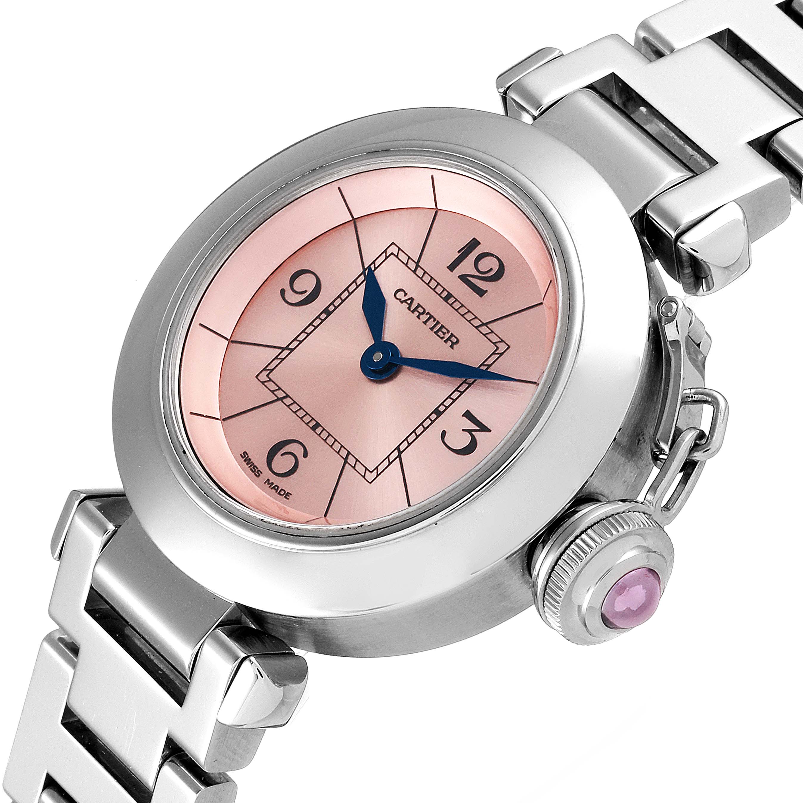 The image showcases a close-up of the Pasha model watch by Cartier, highlighting its pink dial, blue hands, and metallic bracelet.