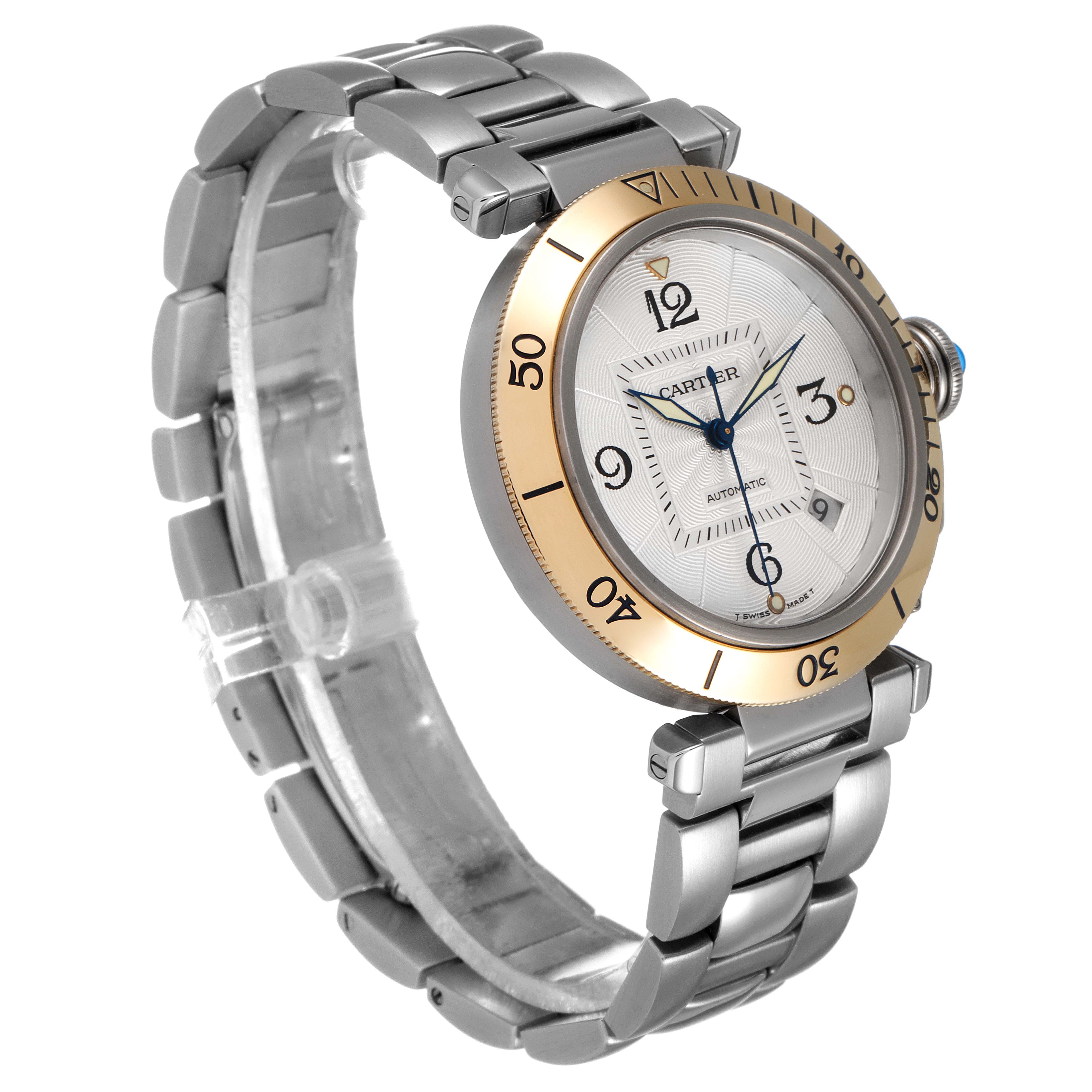The image shows a Cartier Pasha 2378 Men's Steel and Gold (two tone) Silver Dial 2378 Men's Steel and Gold (two tone) Silver Dial watch angled to display its face, bracelet, bezel, and crown.