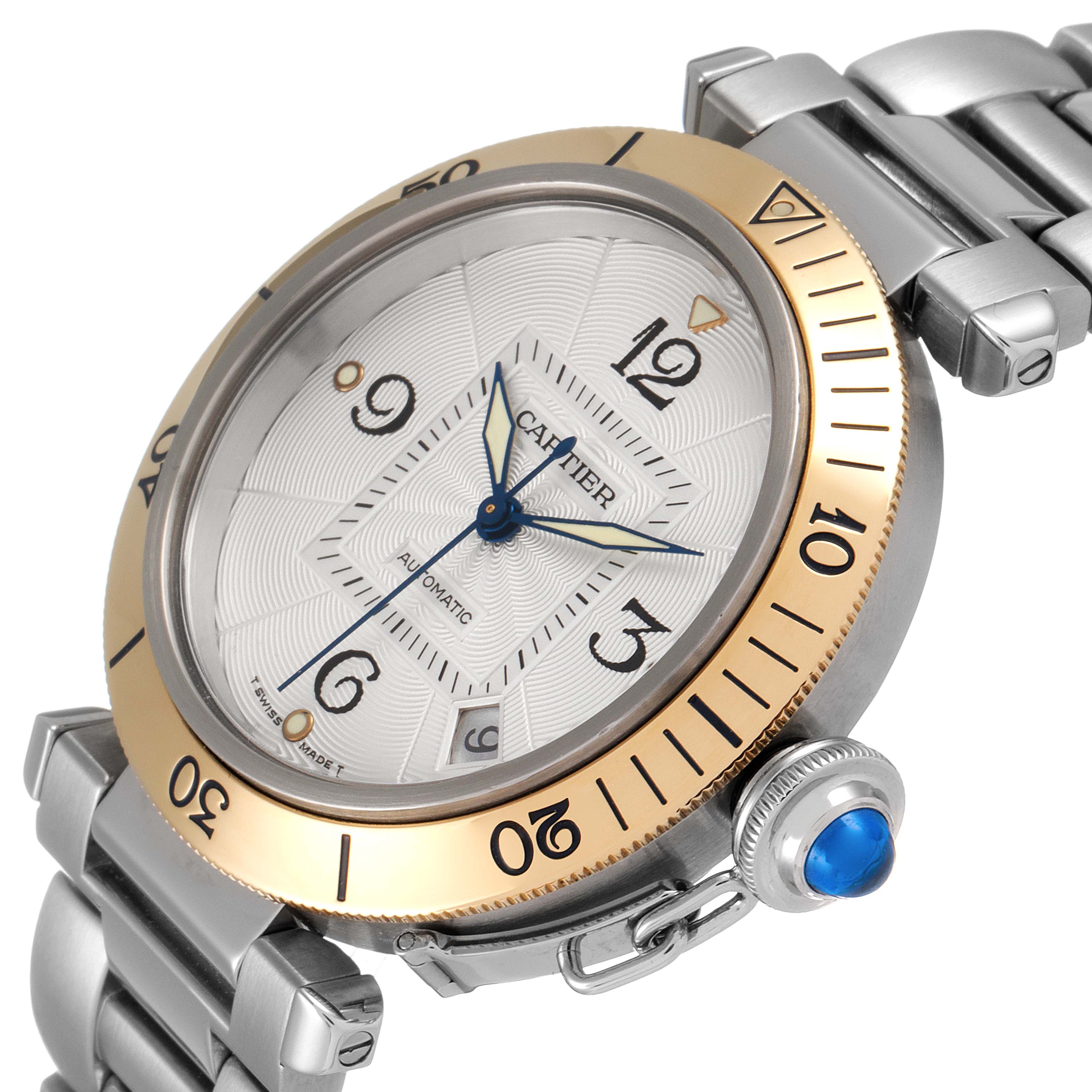 The image shows a Cartier Pasha 2378 Men's Steel and Gold (two tone) Silver Dial 2378 Men's Steel and Gold (two tone) Silver Dial watch at an angle that highlights its face, bezel, crown, and part of its bracelet.