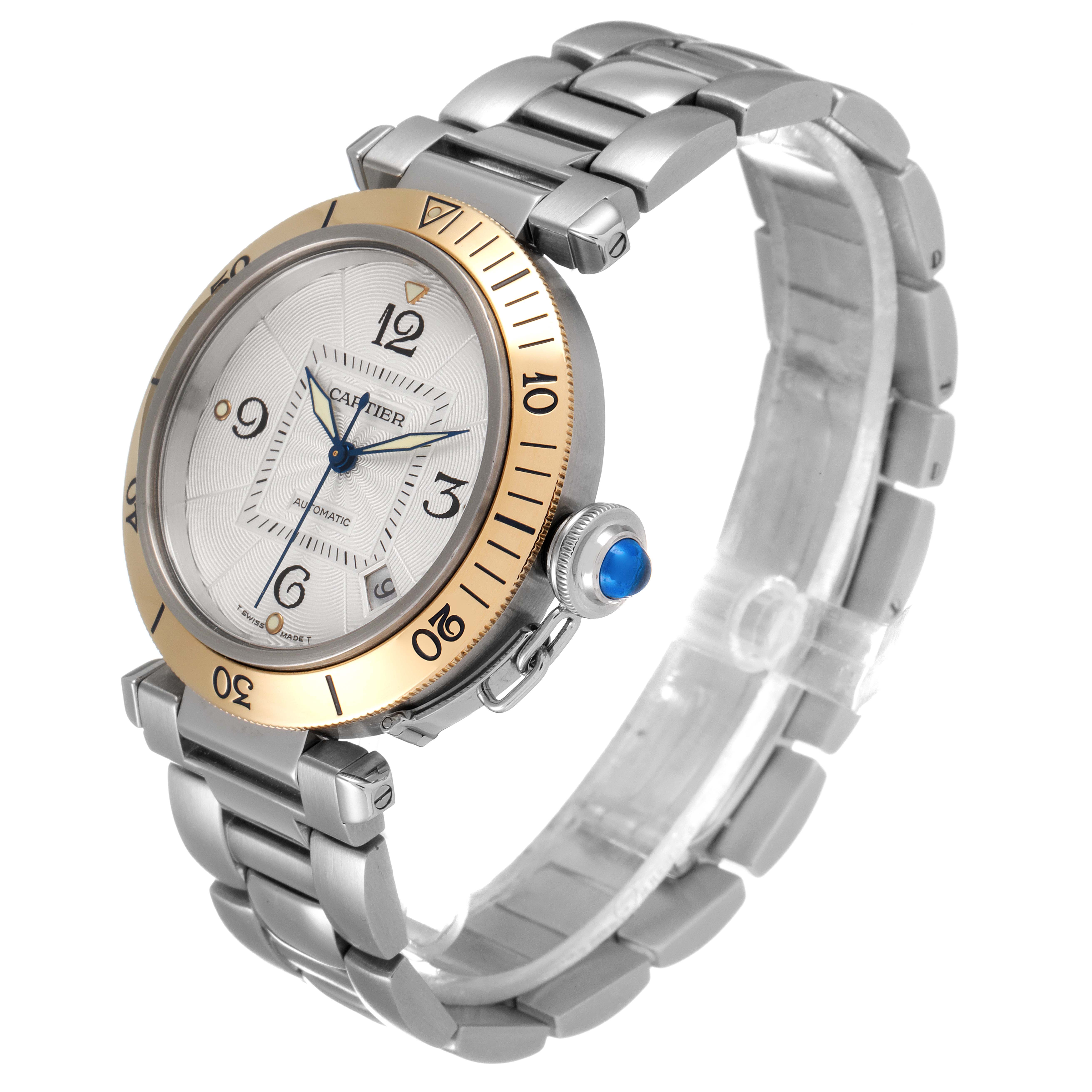 The Cartier Pasha 2378 Men's Steel and Gold (two tone) Silver Dial 2378 Men's Steel and Gold (two tone) Silver Dial watch is shown from a three-quarter angle, highlighting the face, bezel, crown, and bracelet.