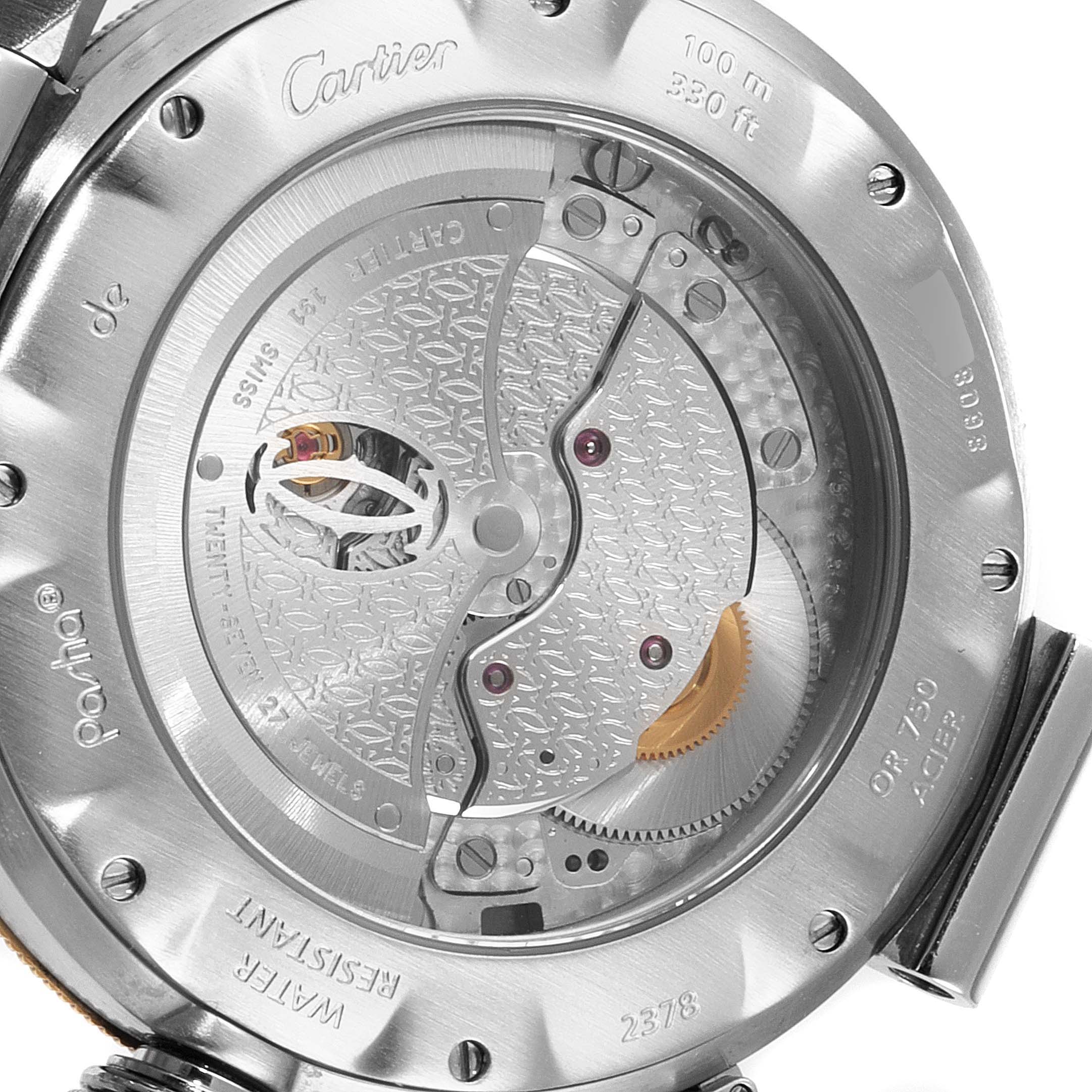 This image shows the back view of the Cartier Pasha 2378 Men's Steel and Gold (two tone) Silver Dial 2378 Men's Steel and Gold (two tone) Silver Dial watch, highlighting its inner mechanical movement.