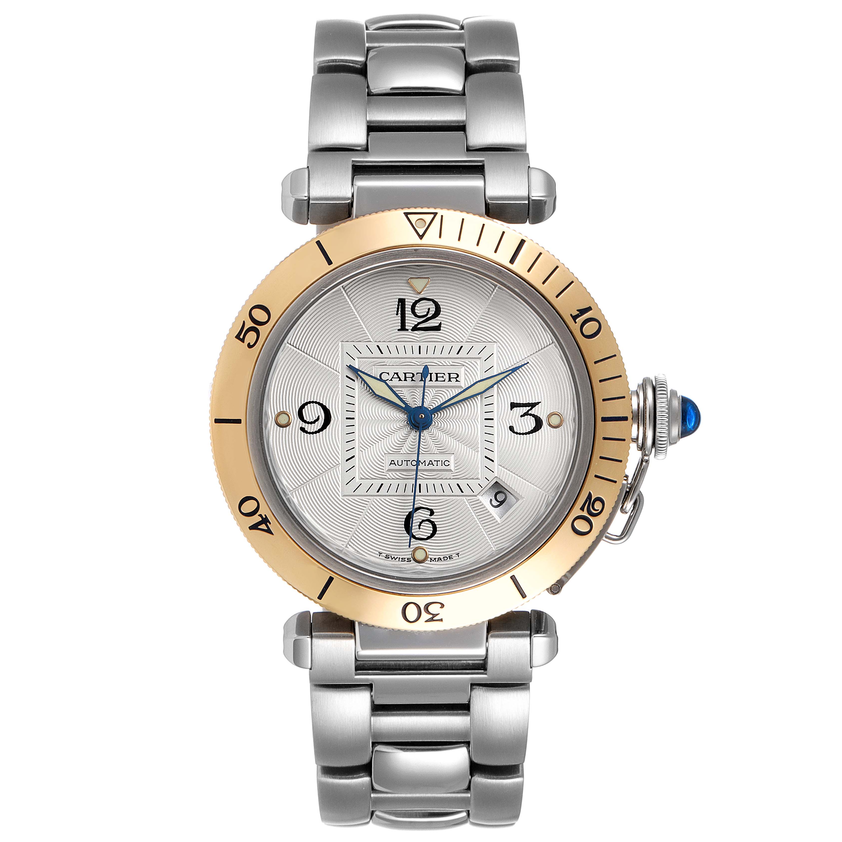 This image shows a front view of the Pasha de Cartier watch, including the bezel, dial, bracelet, and crown.