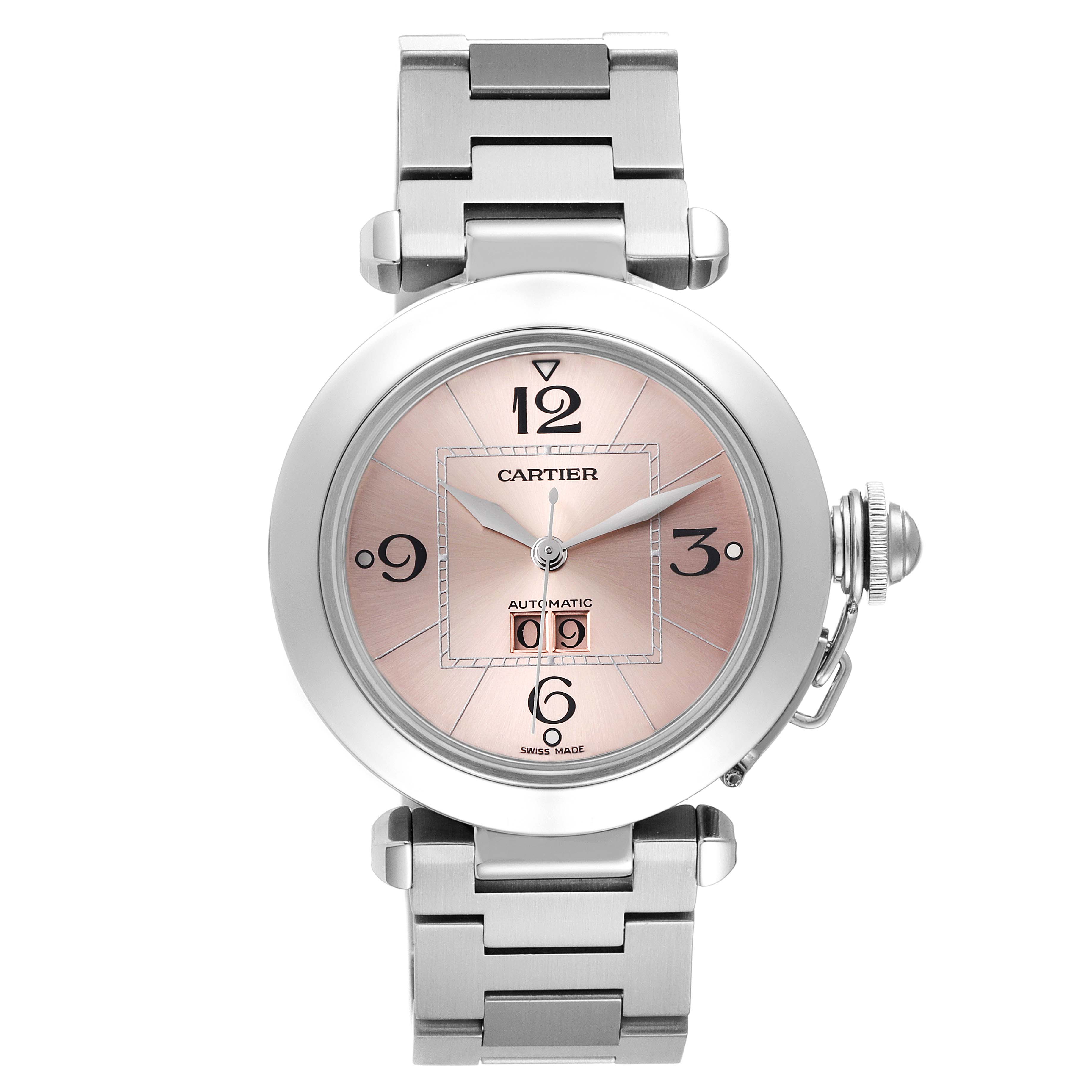 The image shows a Cartier Pasha W31058M7 Men's Stainless Steel Pink Dial W31058M7 Men's Stainless Steel Pink Dial watch from the front, highlighting its dial, hands, bezel, and metal bracelet.