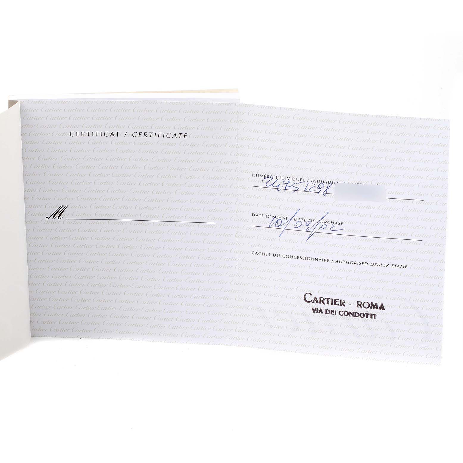 The image shows the Certificate of Authenticity for the Cartier Pasha W31058M7 Men's Stainless Steel Pink Dial W31058M7 Men's Stainless Steel Pink Dial watch, with dealer stamp and purchase date visible.