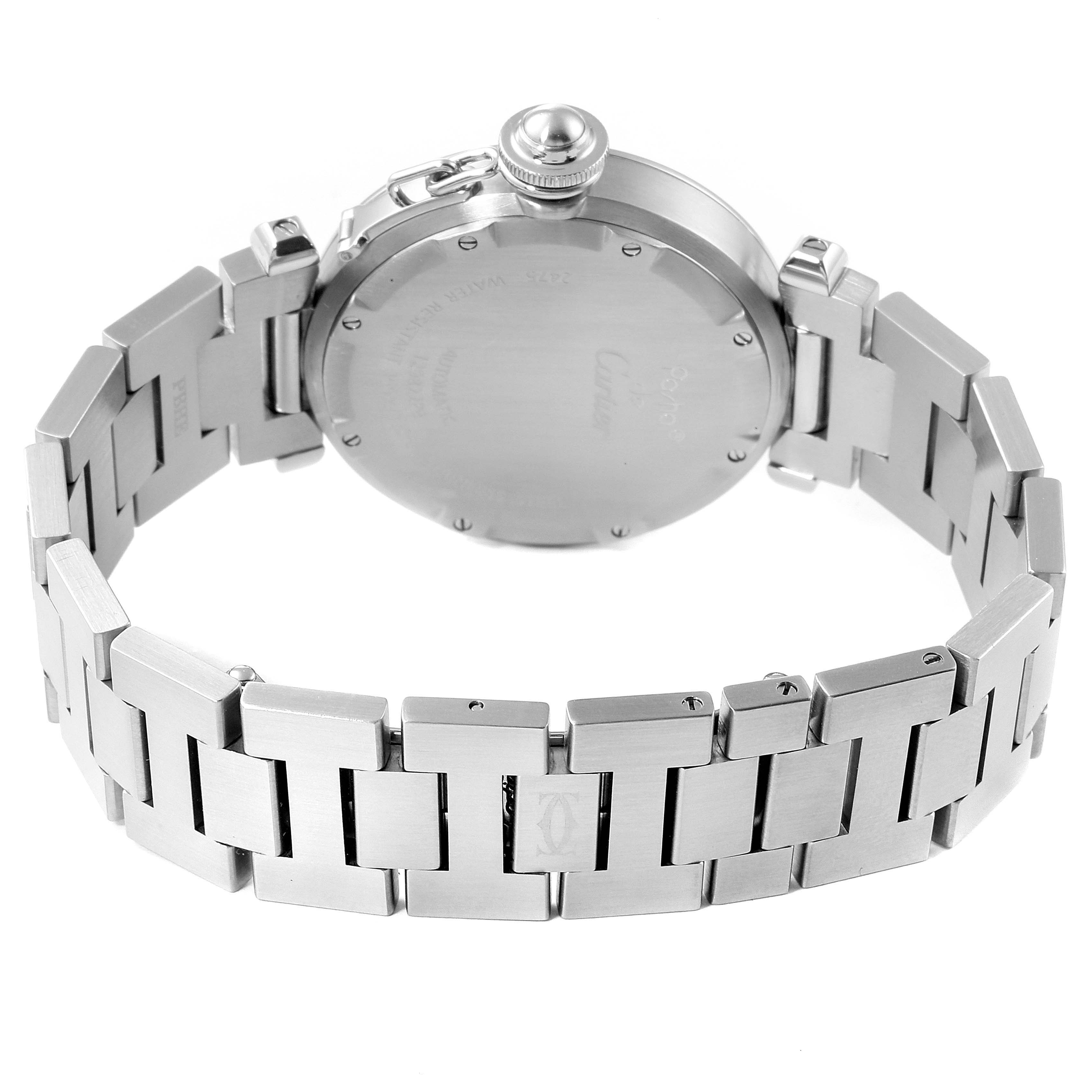 The image shows the back and bracelet of a Cartier Pasha W31058M7 Men's Stainless Steel Pink Dial W31058M7 Men's Stainless Steel Pink Dial watch, highlighting its clasp and stainless steel construction.