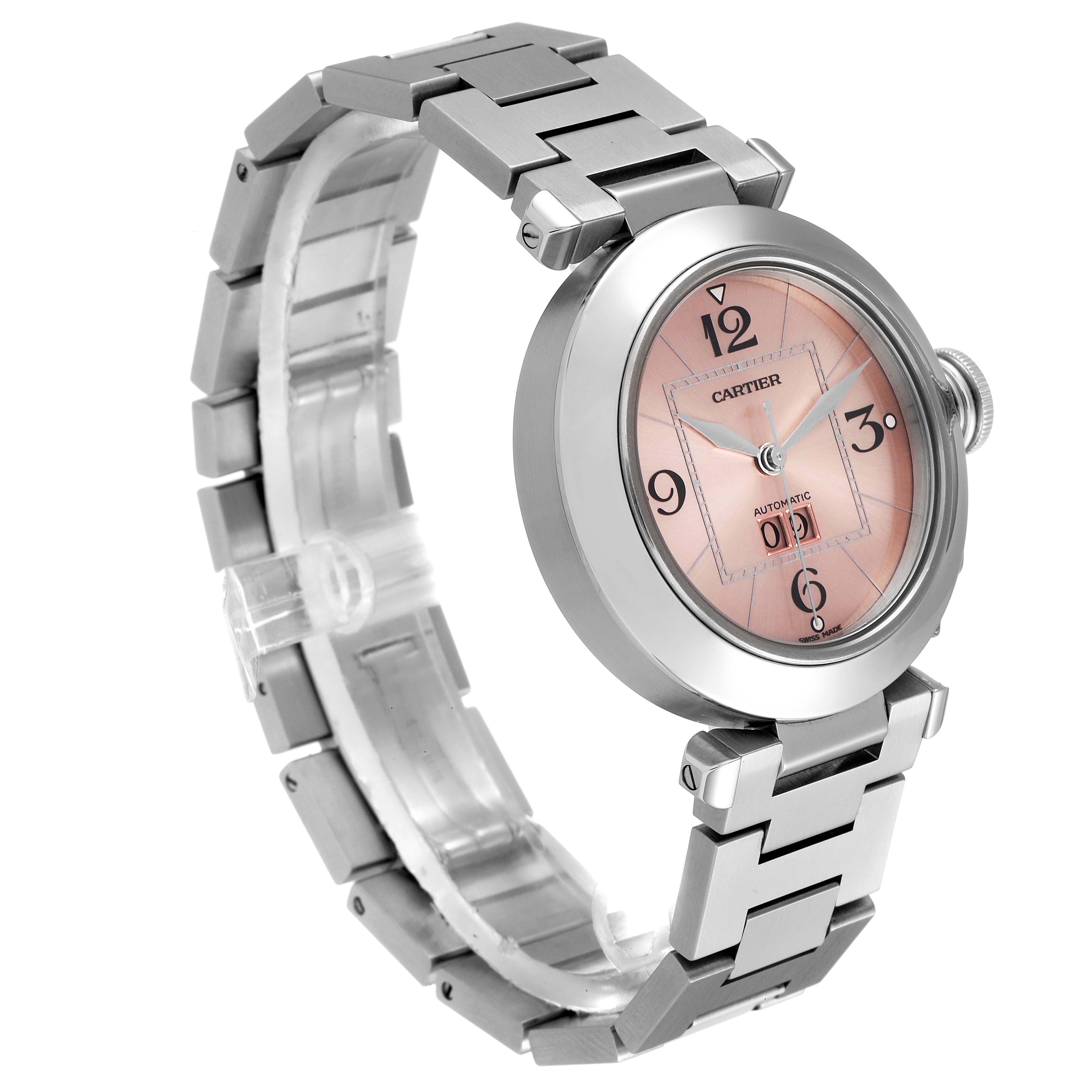 This Cartier Pasha W31058M7 Men's Stainless Steel Pink Dial W31058M7 Men's Stainless Steel Pink Dial watch is shown at a slight side angle, highlighting its silver bracelet and pink dial.