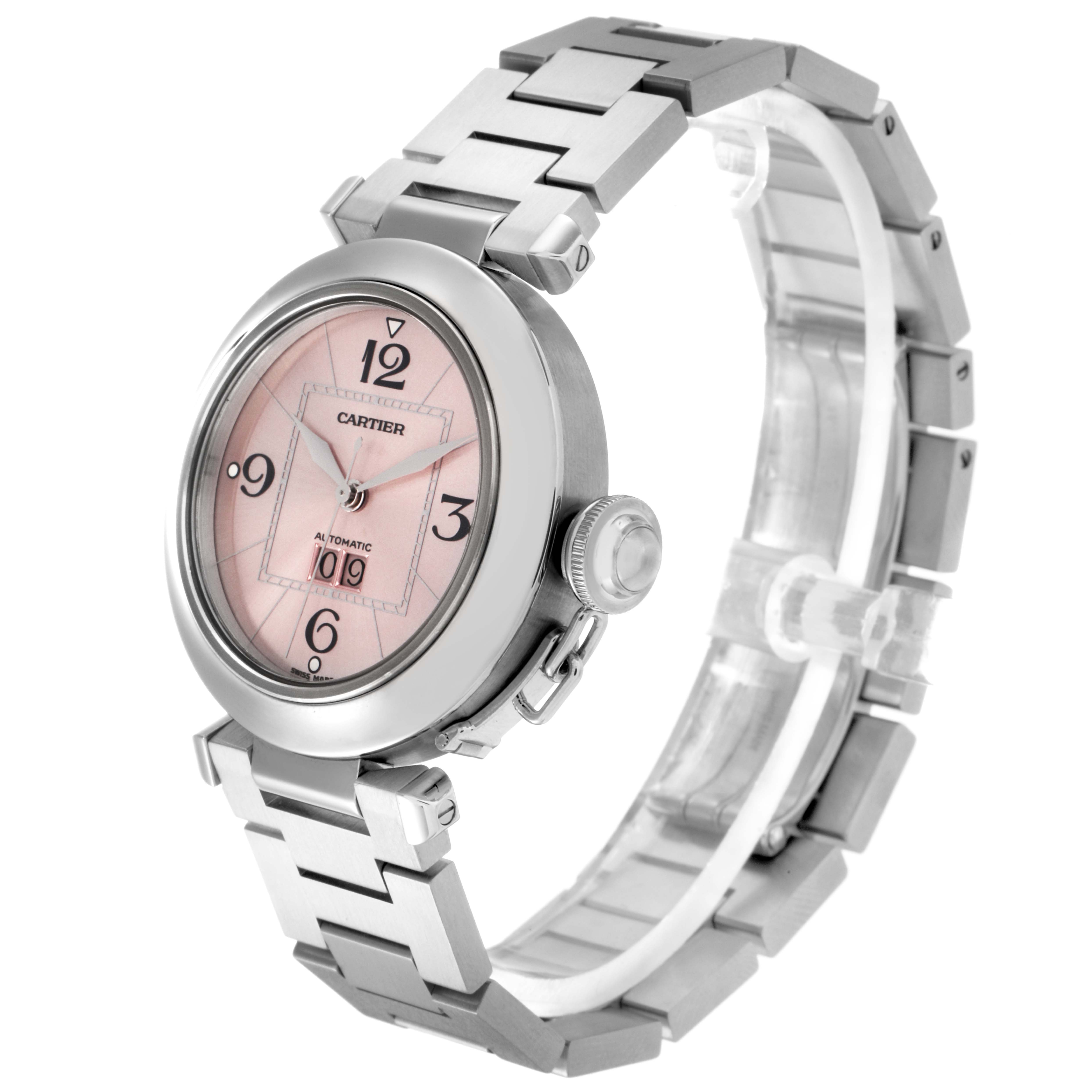 The Cartier Pasha W31058M7 Women
s Stainless Steel Pink Dial W31058M7 Women
s Stainless Steel Pink Dial watch is shown at a three-quarter angle, highlighting its bracelet, bezel, and side crown.