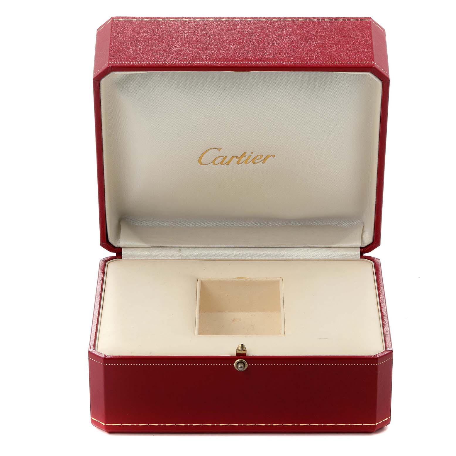 The image shows an open Cartier Pasha W31058M7 Women
s Stainless Steel Pink Dial W31058M7 Women
s Stainless Steel Pink Dial watch box, revealing its interior with a slot for the watch.