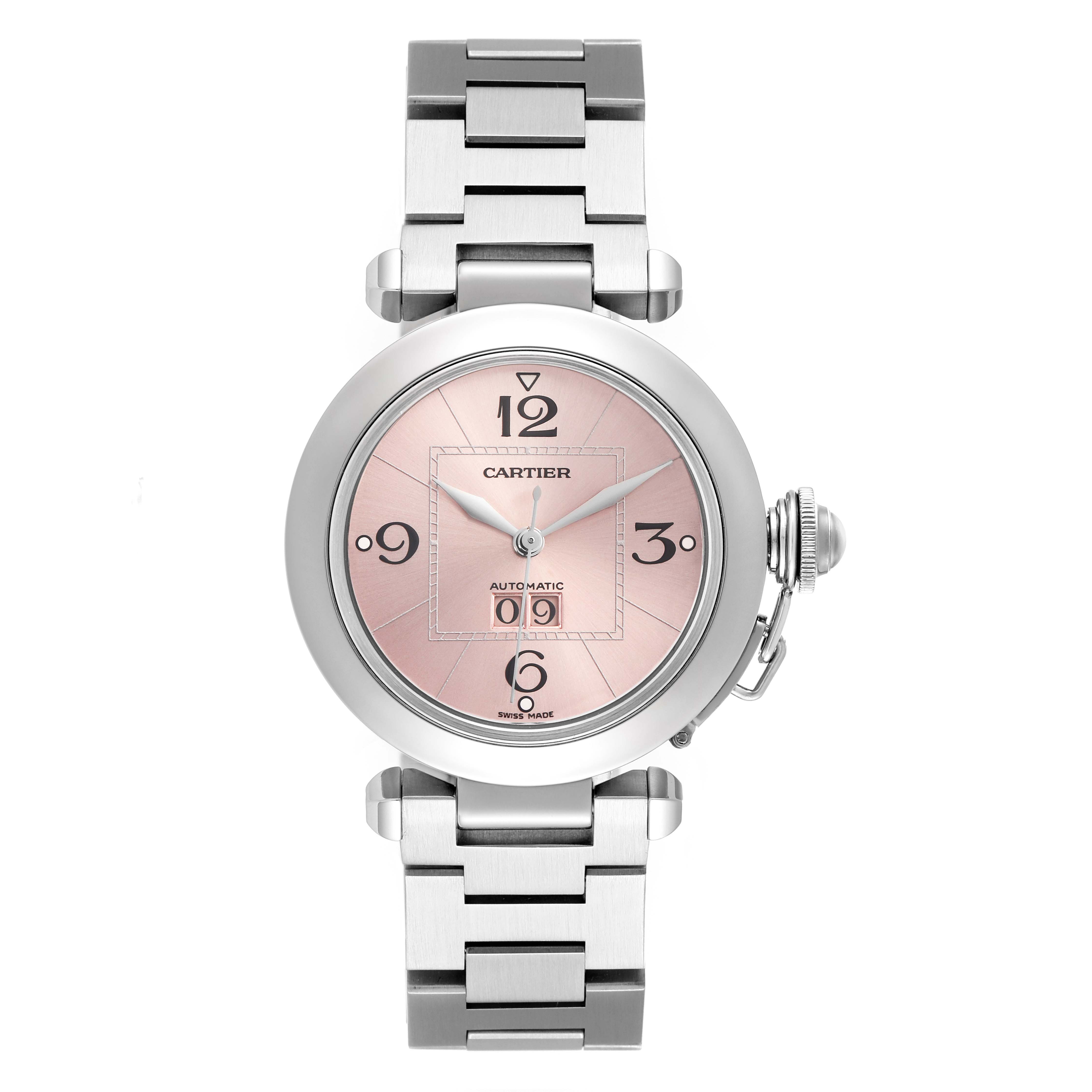 The Cartier Pasha W31058M7 Women
s Stainless Steel Pink Dial W31058M7 Women
s Stainless Steel Pink Dial watch is shown from the front, displaying the face, hour markers, hands, and metal bracelet clearly.