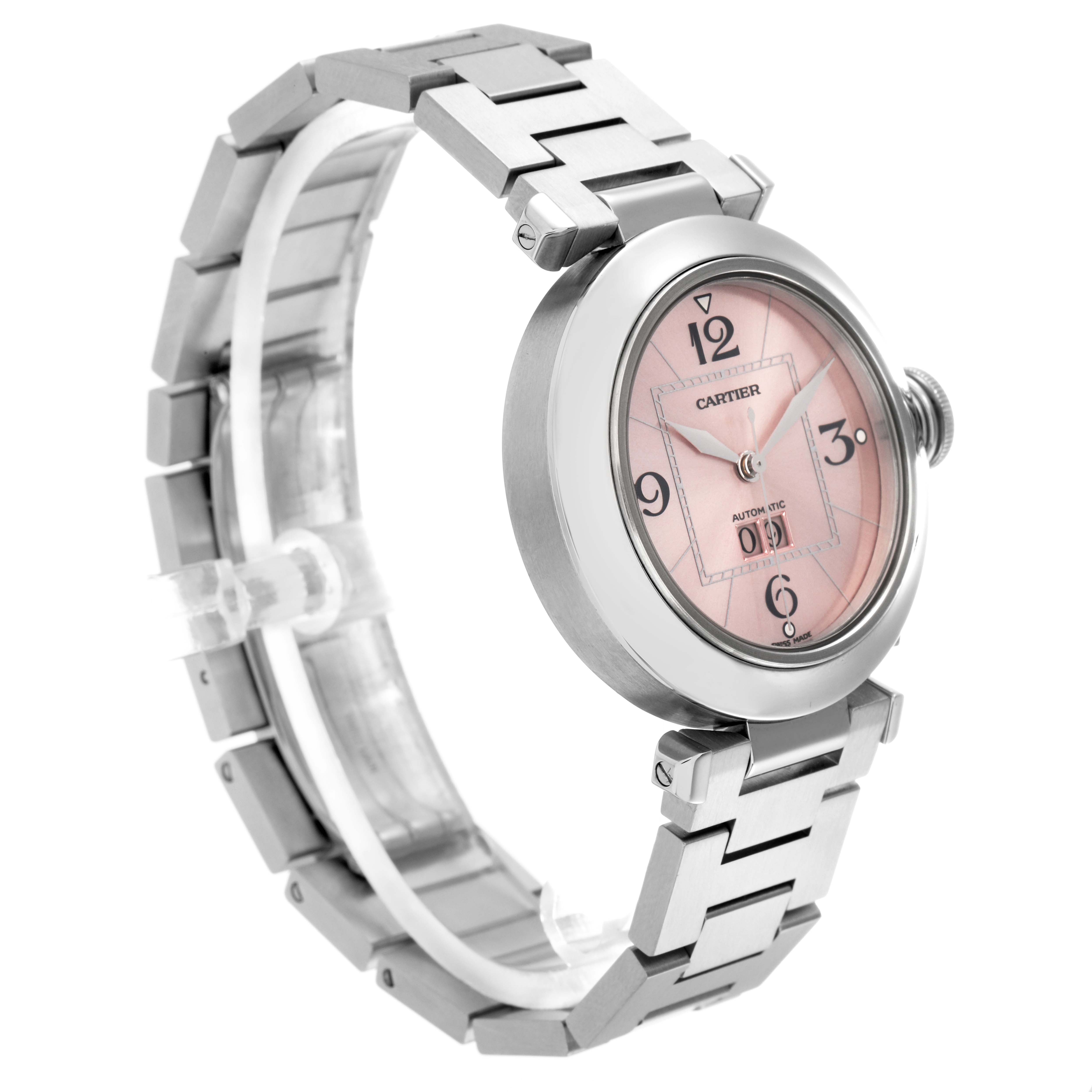 The Cartier Pasha W31058M7 Women
s Stainless Steel Pink Dial W31058M7 Women
s Stainless Steel Pink Dial watch is shown at an angled side view, highlighting its face, bracelet, and crown.