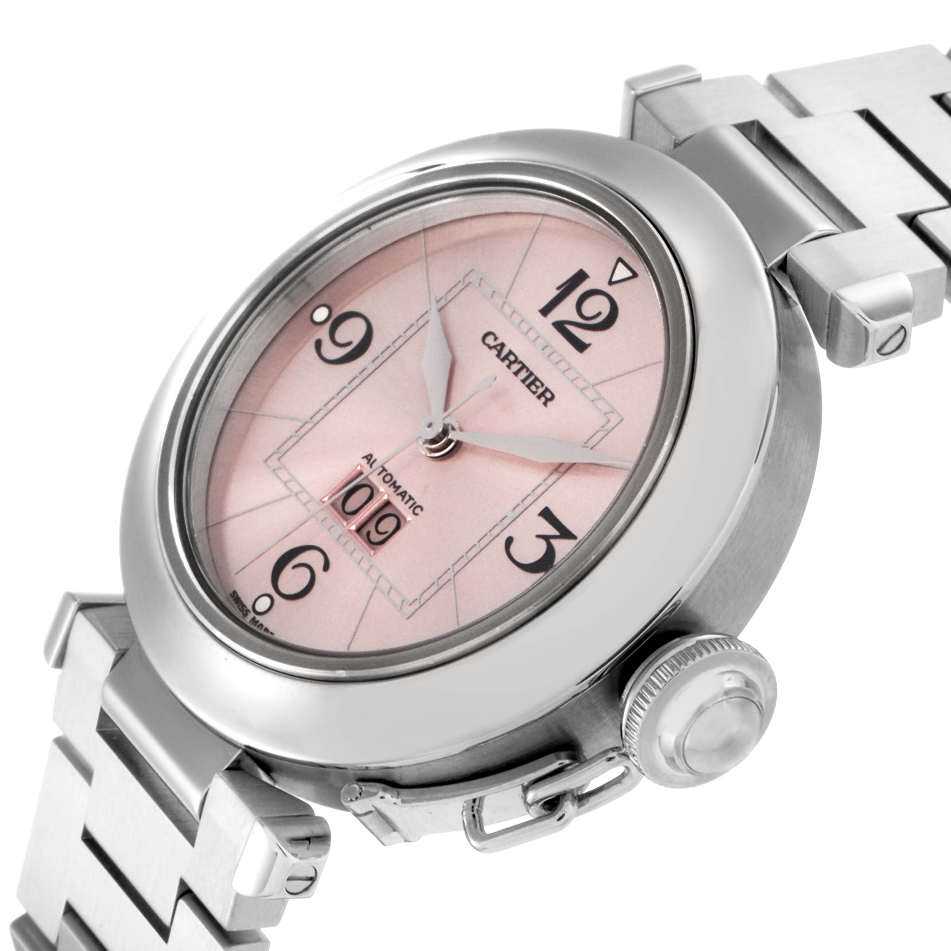 The Cartier Pasha W31058M7 Women
s Stainless Steel Pink Dial W31058M7 Women
s Stainless Steel Pink Dial watch is shown at a slight side angle, highlighting the dial, bezel, crown, and part of the bracelet.