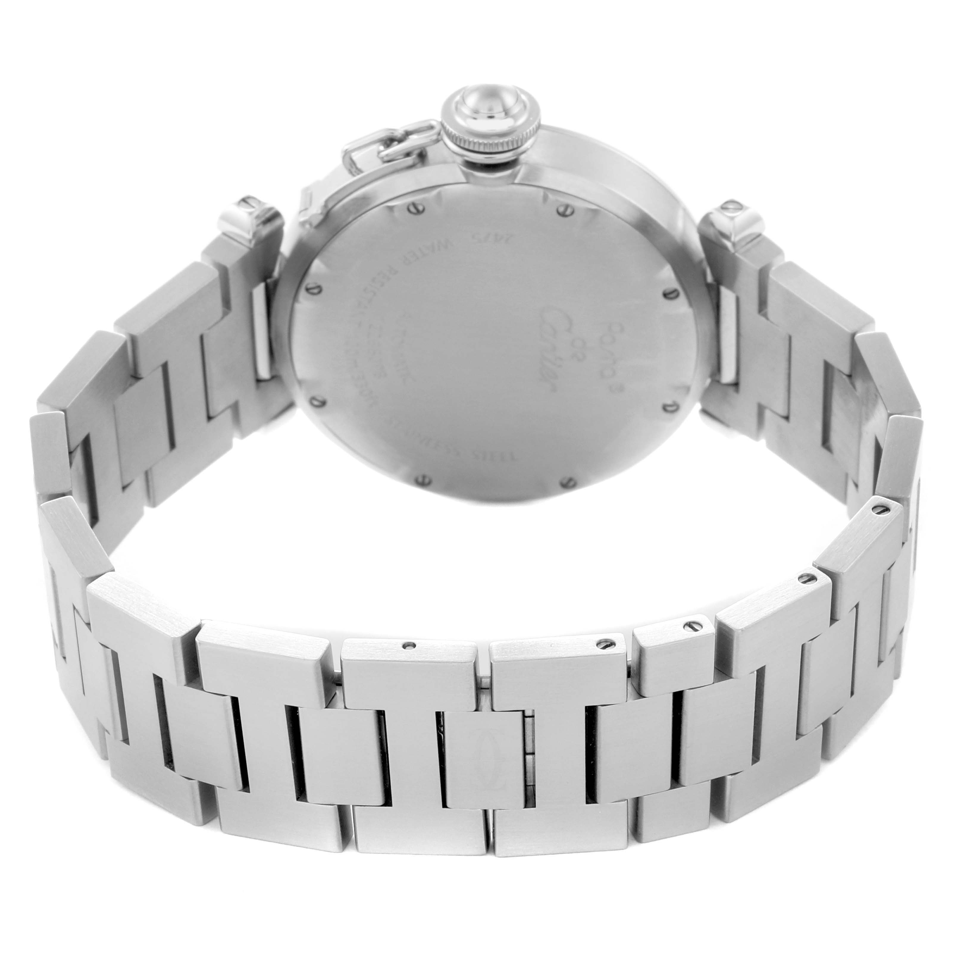 This image shows the back view of a Cartier Pasha W31058M7 Women
s Stainless Steel Pink Dial W31058M7 Women
s Stainless Steel Pink Dial watch, highlighting the closed metal bracelet and the watch
s case back.