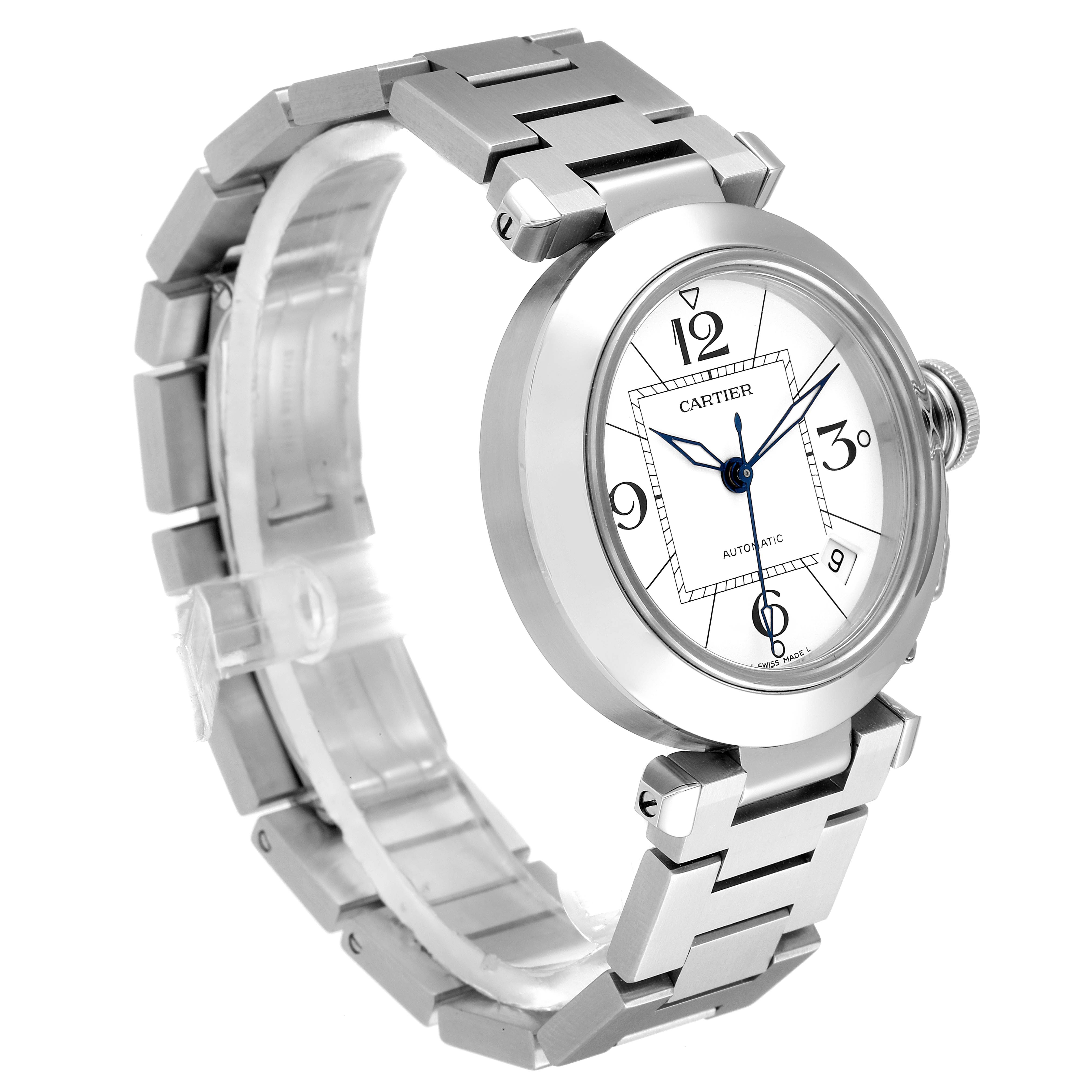 The Cartier Pasha W31074M7 Men's Stainless Steel White Dial W31074M7 Men's Stainless Steel White Dial watch is shown at an angle displaying its face, bezel, crown, and part of its stainless steel bracelet.