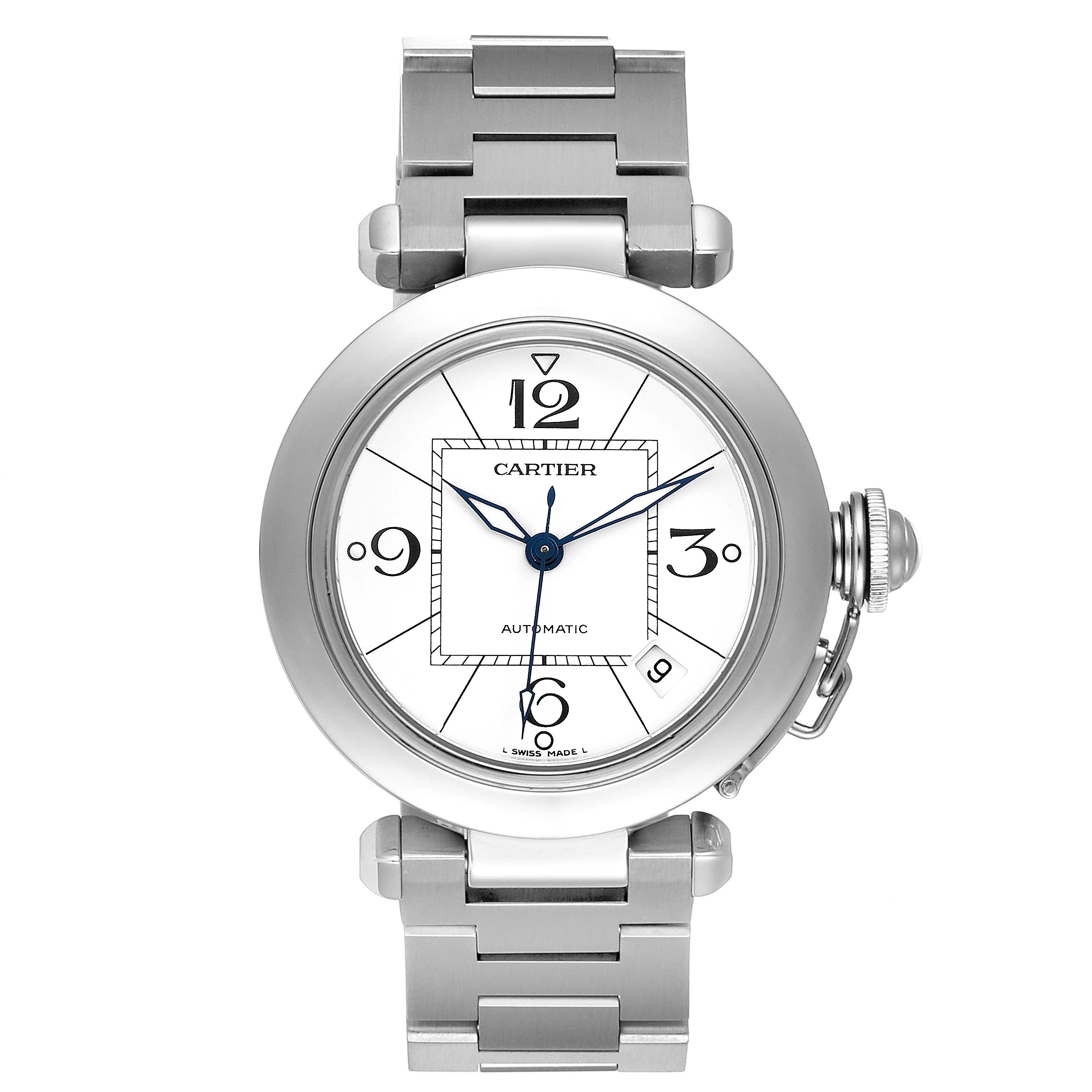 The image shows a frontal view of a Cartier Pasha W31074M7 Men's Stainless Steel White Dial W31074M7 Men's Stainless Steel White Dial watch, displaying the face, bracelet, and crown.