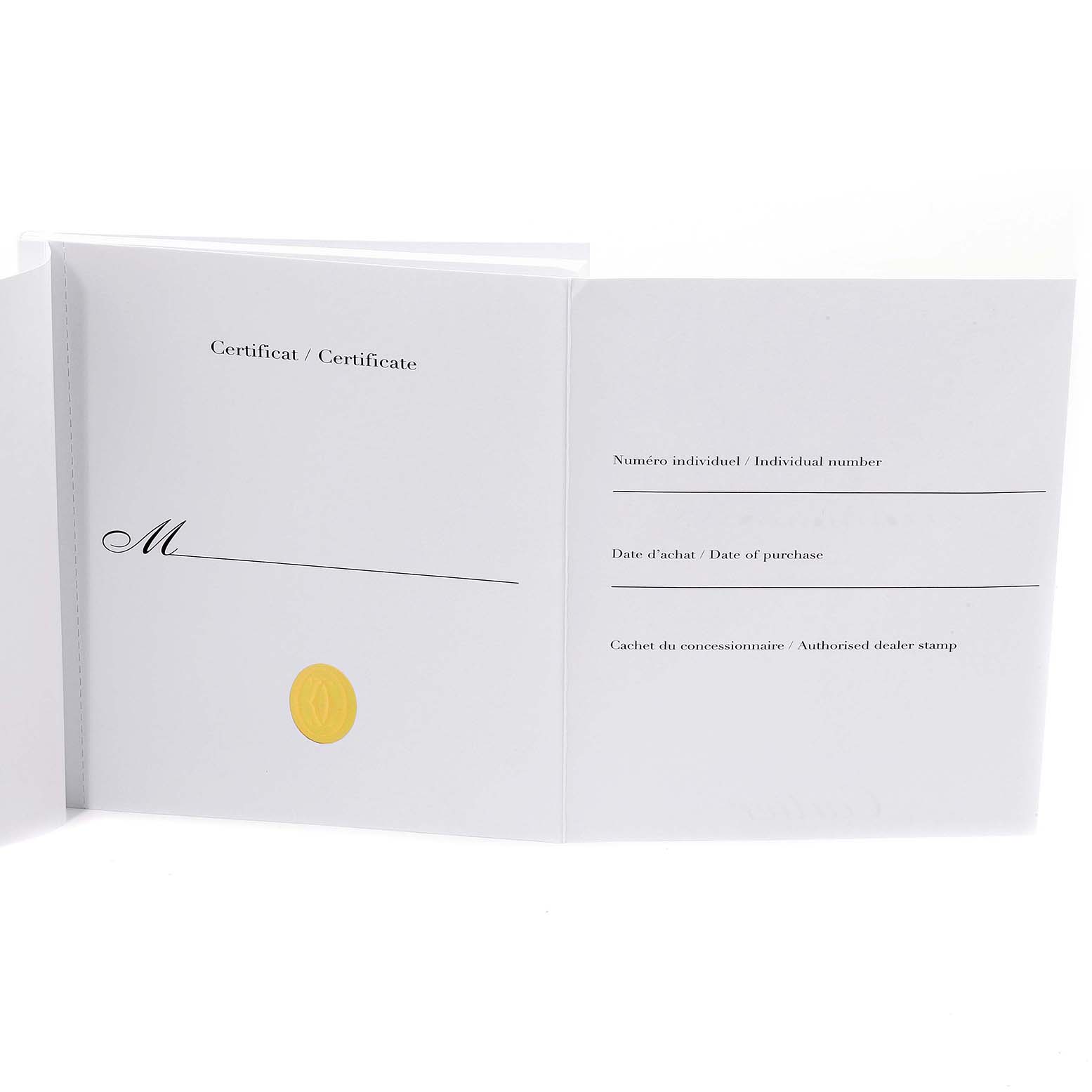 The image shows an open warranty and certificate booklet for the Cartier Pasha W31074M7 Men's Stainless Steel White Dial W31074M7 Men's Stainless Steel White Dial watch model.